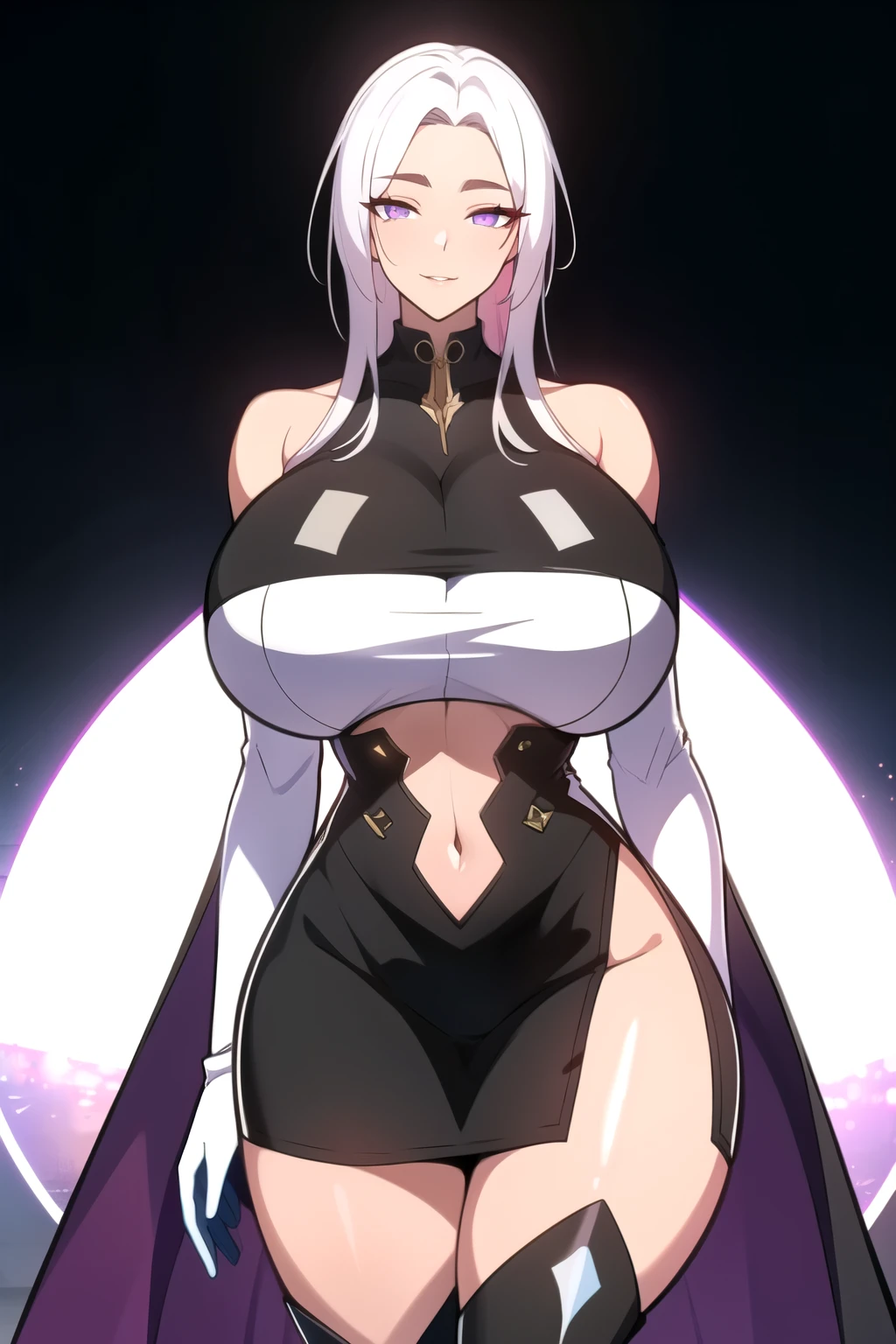 masterpiece, best quality, absurdres, 8k, perfect shadows,perfect lighting,hdr, cowboy shot,shiny skin,skindentation, beautiful body, kafka, ((white hair: 1.4)), long hair, violet eyes, (crop top, underboob, elbow gloves, thigh boots, split skirt, bare shoulders, curvy, midriff, curvy, thighs, higheels, shiny clothes), complex detailed background, inside, luxury palace) (gigantic breasts,hourglass body, thin waist,very slim waist)extremely detailed face,detailed eye makeup, detail face, nice detailed eyes,nice hands, perfect hands (realistic pupils,realistic iris:1) heavy eye makeup,glowing eyes, Bright eyes,standing,standing at attention,(seductive smile), gigantic breasts, curvy