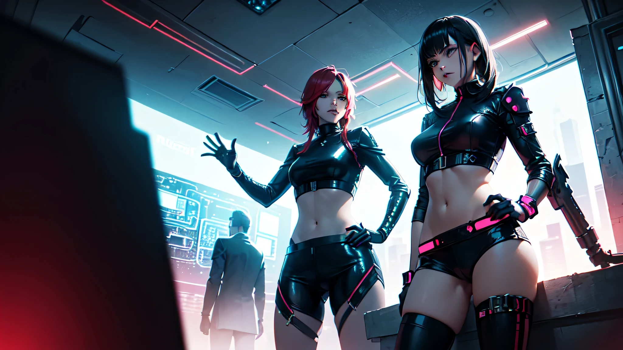 (Best quality, masterpiece:1.2), a Futuristic female warrior , (finely detailed leather), (in a deep neckline highly detailed sexy Futuristic cyberpunk black crop top and underpants made of circuit boards, Beautiful Epic Composition, Futuristic, Attractive, posing for a photo, bright colors, dynamic lighting, dramatic shadows