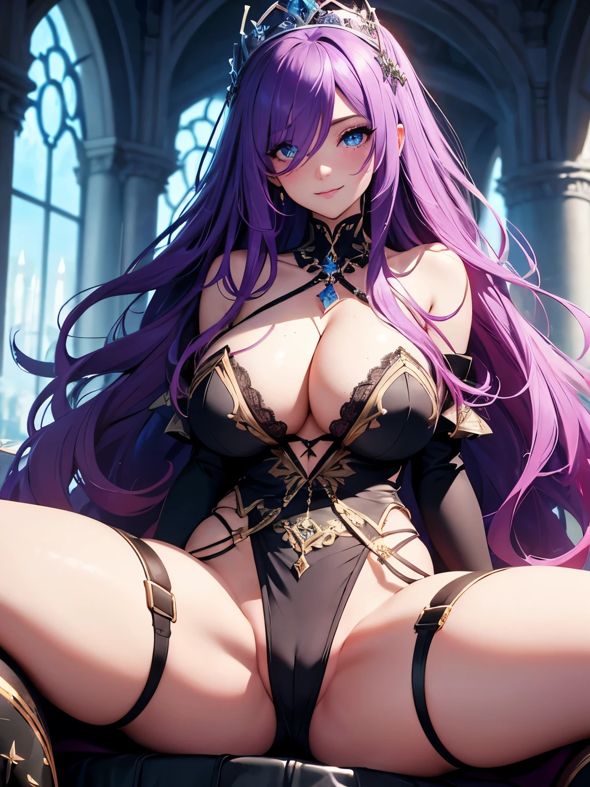 beautiful woman, extremely long hair, purple hair, hair covering one eye, bright blue eyes, glowing eyes, lots of freckles, full lips, (gigantic breasts 1.8), extreme cleavage, deep cleavage, thin body, princess, sitting on a throne, tiara, pink off-shoulder dress, high heels, ((spread legs)), legs apart, black lace panties, perfect anatomy, extreme blushing, smile, seductive, ultra detailed, castle background, masterpiece, 4k
