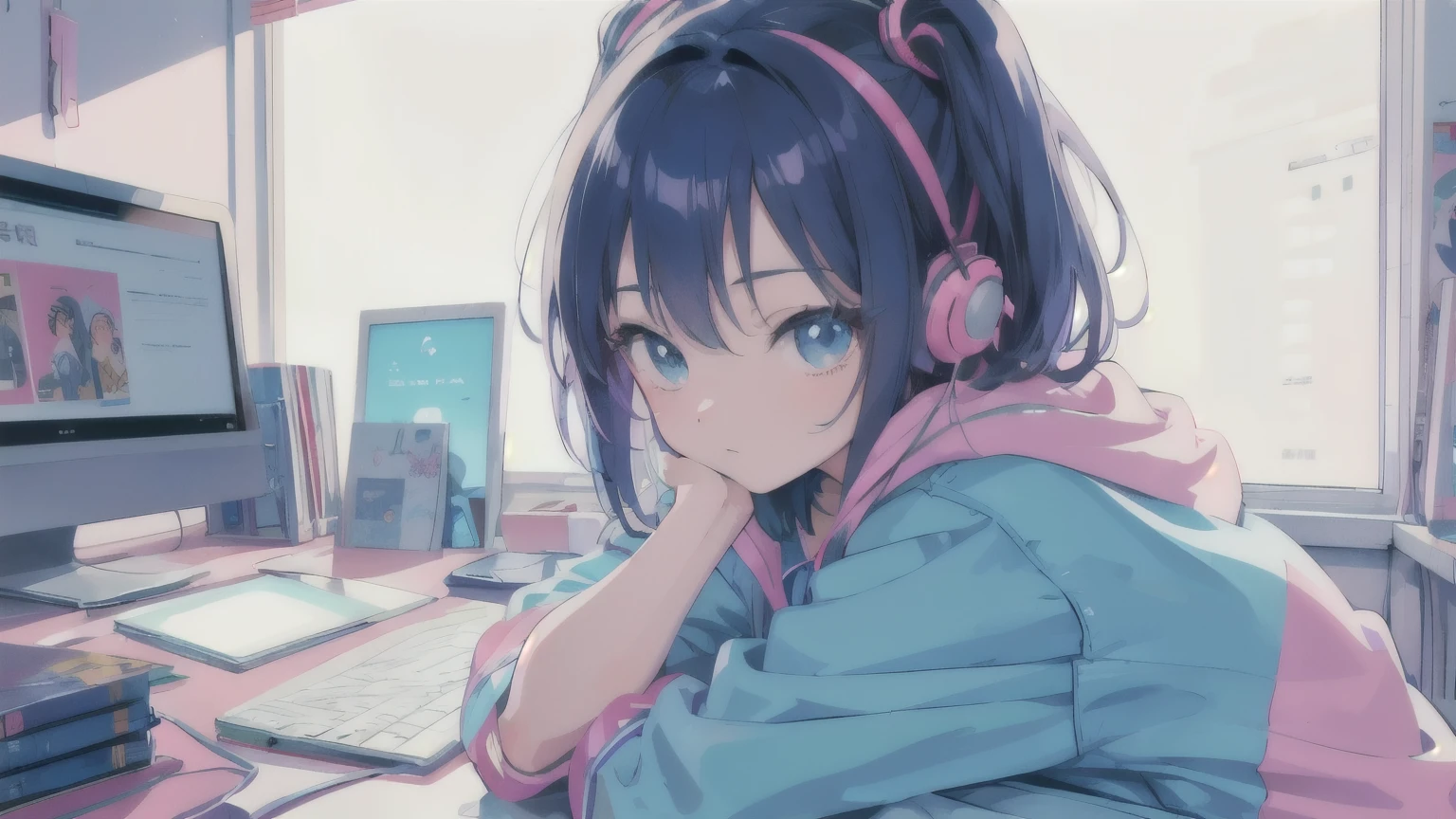 Anime style image with a 1980s city pop culture vibe。simple、15 year old girl wearing earphones。I'm studying on my laptop。A cute girl's room is lit by indirect lighting.。night。Size is 16:9 please