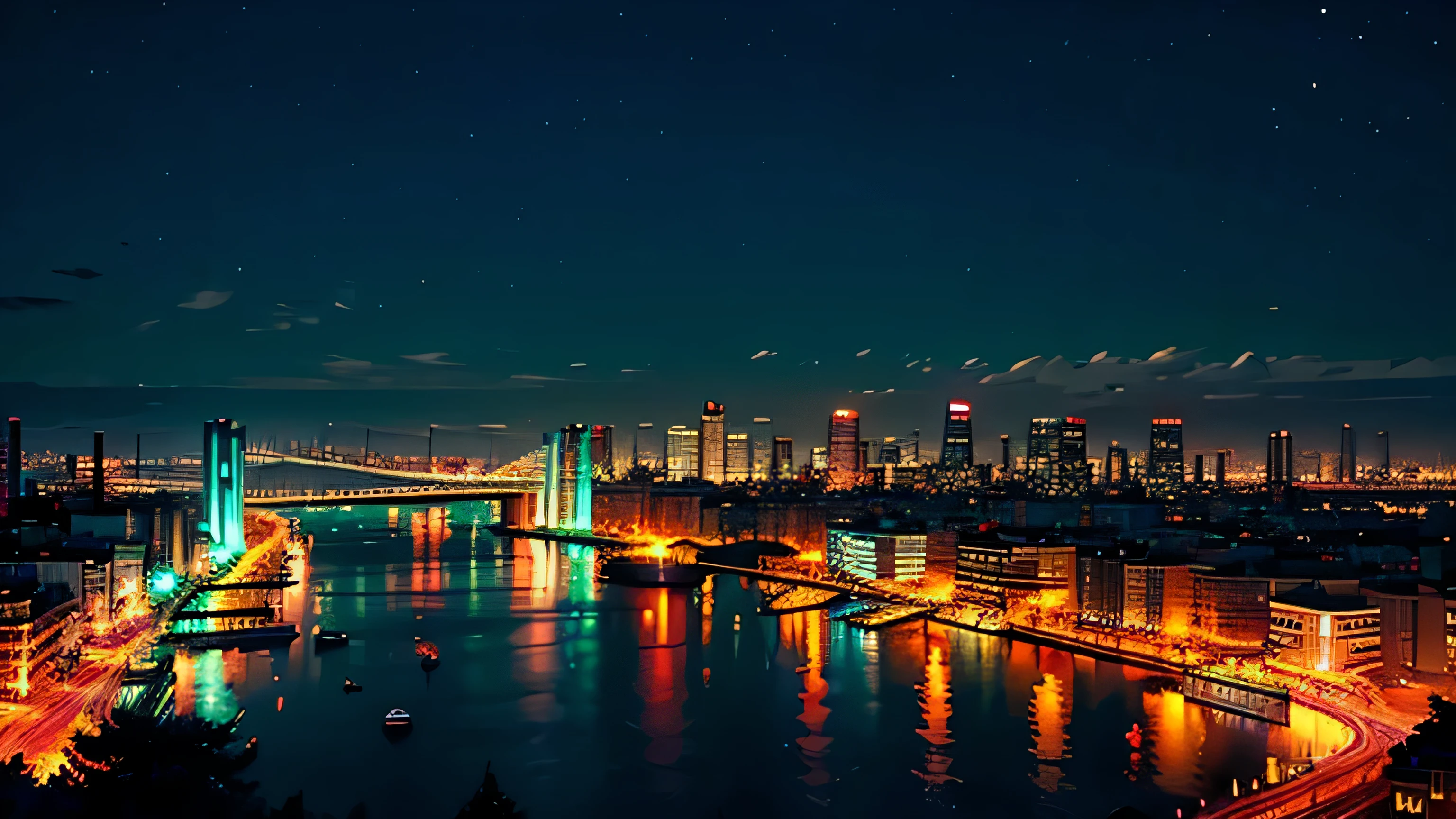 Night view of the city with bridge and river, skyline display, beautiful future city, romantic night,  Against the background of a huge neon city, Experience the atmosphere and surprise of urban design. (Optimized prompt content),colorful neon、