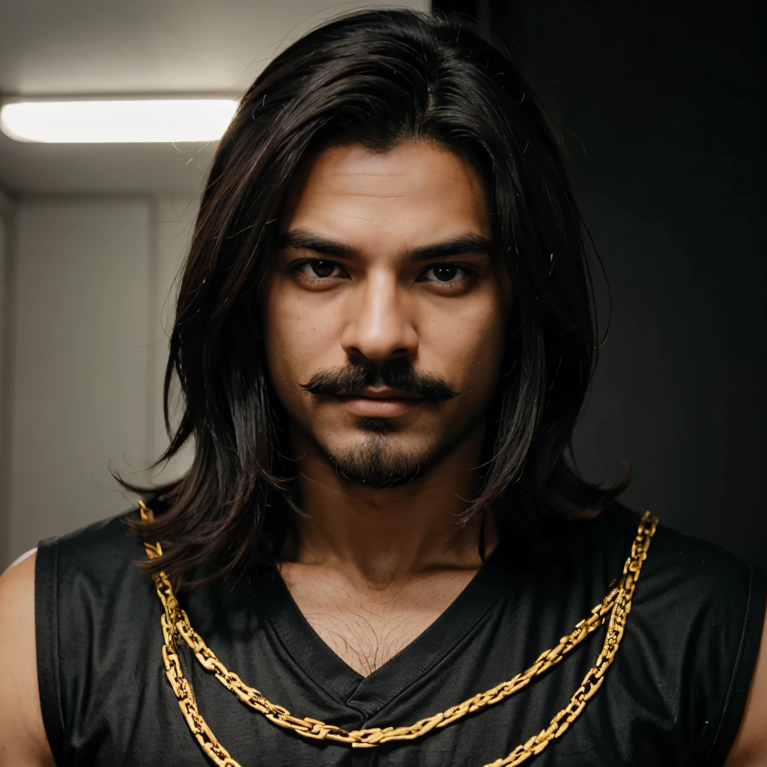 Um homem de cabelo preto um longo e fino bigode e olhos vermelhos (no estilo de Yu gi oh)