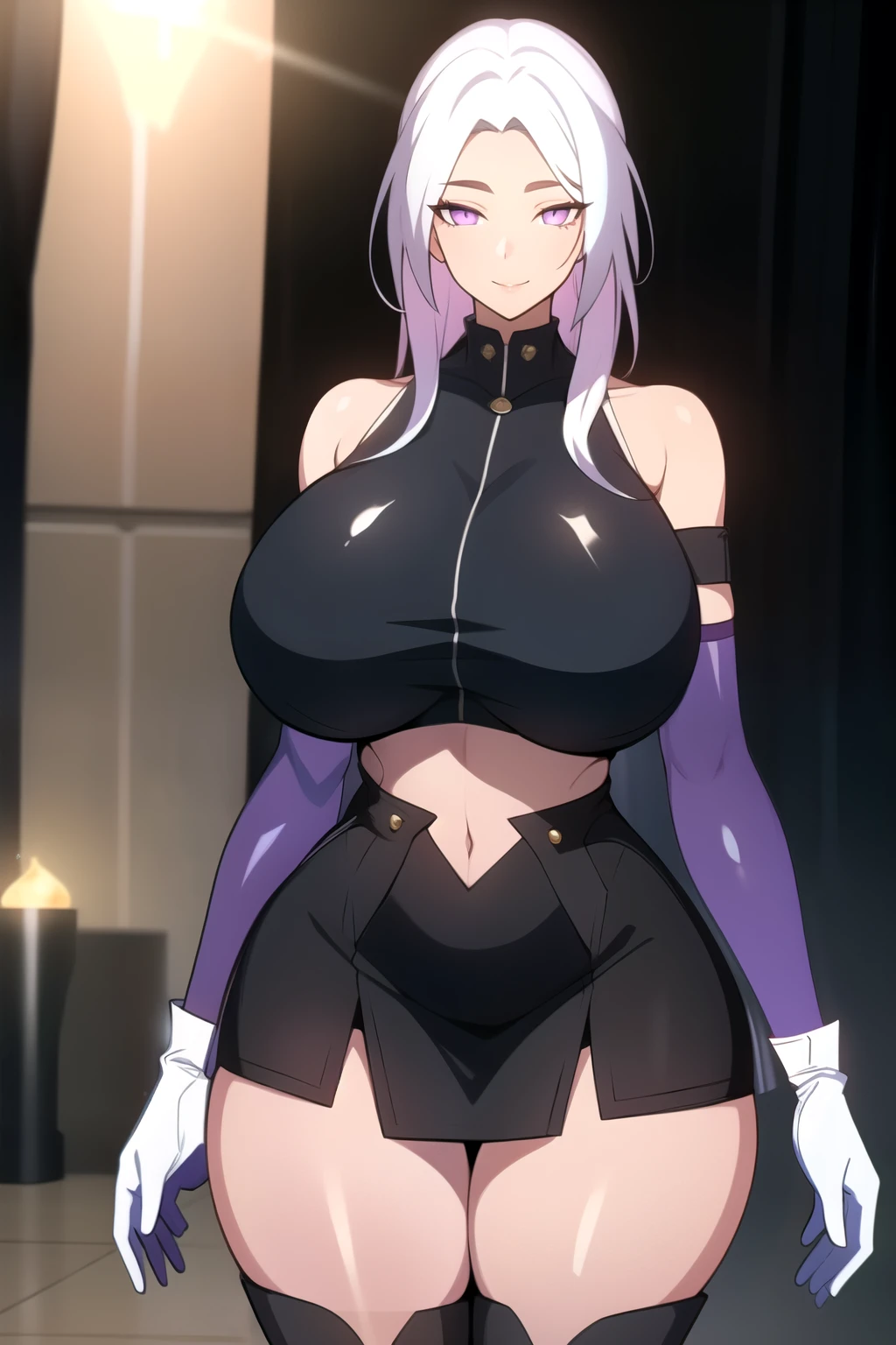 masterpiece, best quality, absurdres, 8k, perfect shadows,perfect lighting,hdr, cowboy shot,shiny skin,skindentation, beautiful body, kafka, ((white hair: 1.4)), long hair, violet eyes, (crop top, underboob, elbow gloves, thigh boots, split skirt, bare shoulders, curvy, midriff, curvy, thighs, higheels, shiny clothes), complex detailed background, inside, luxury palace) (gigantic breasts,hourglass body, thin waist,very slim waist)extremely detailed face,detailed eye makeup, detail face, nice detailed eyes,nice hands, perfect hands (realistic pupils,realistic iris:1) heavy eye makeup,glowing eyes, Bright eyes,standing,standing at attention,(seductive smile), gigantic breasts, curvy