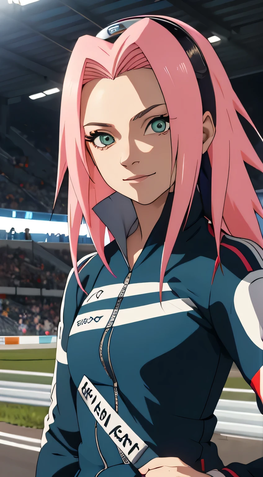 tmasterpiece, Best quality at best, 1girll, Sakura Haruno,Raised sexy,is shy,ssmile,with pink hair, long whitr hair, (Green eyeballs:1.4), Forehead protection, Pole Position, standing inside of her race car, anime style, bright colors, dynamic lighting, shiny finish, attention to detail, wearing alpine f1 suit, in behind alpine f1 car, exciting atmosphere, race helmet on the car, vivid expressions