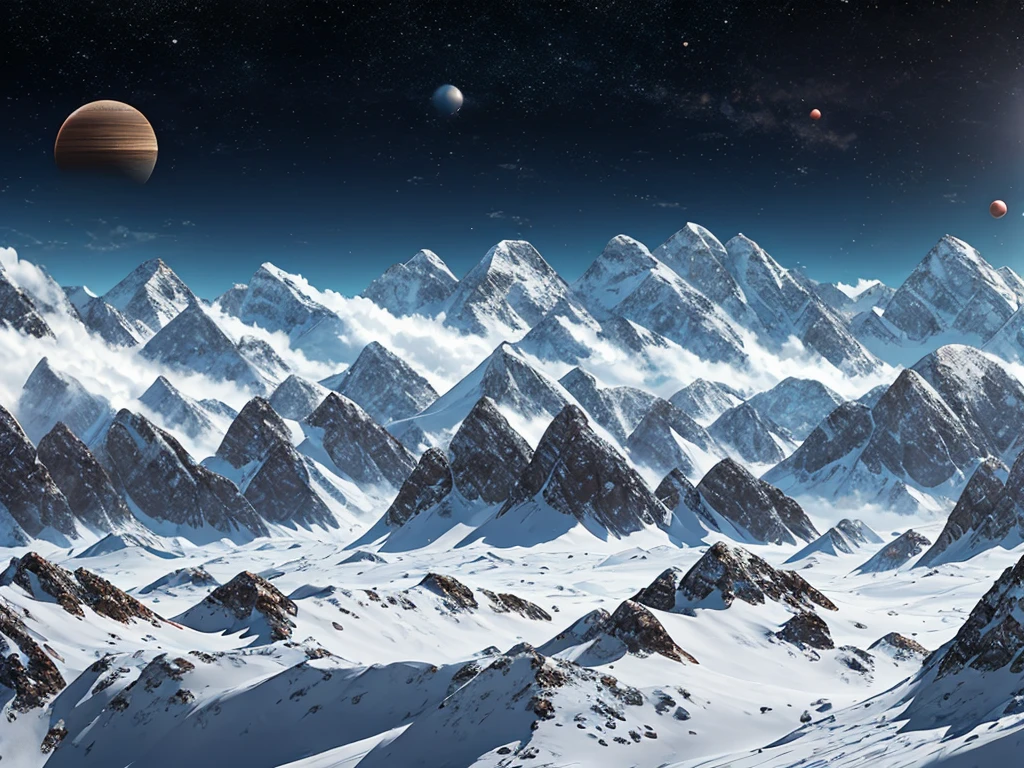 a distant planet, mountains in background, Panorama,alien planet scenery