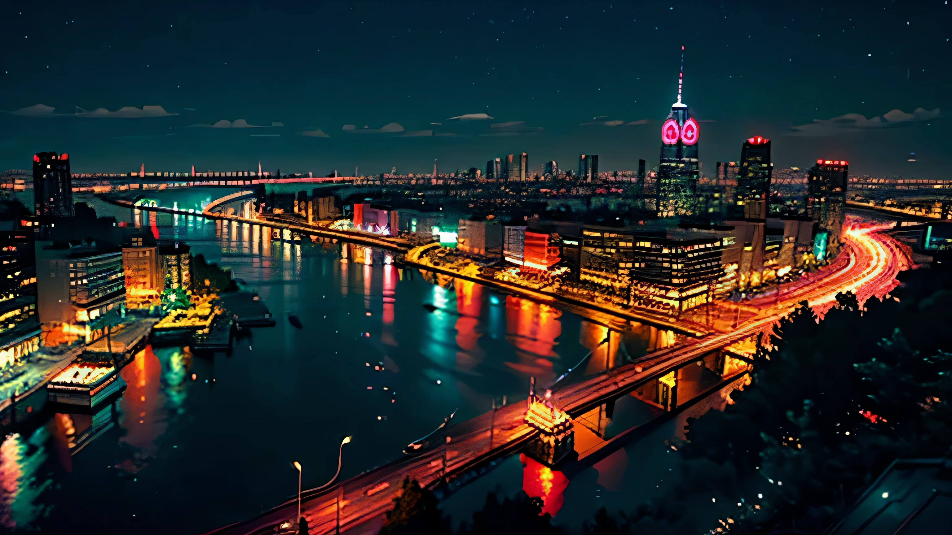 Night view of the city with bridge and river, skyline display, beautiful future city, romantic night, , Against the background of a huge neon city, urban design atmosphere. (Optimized prompt content)、pink light、