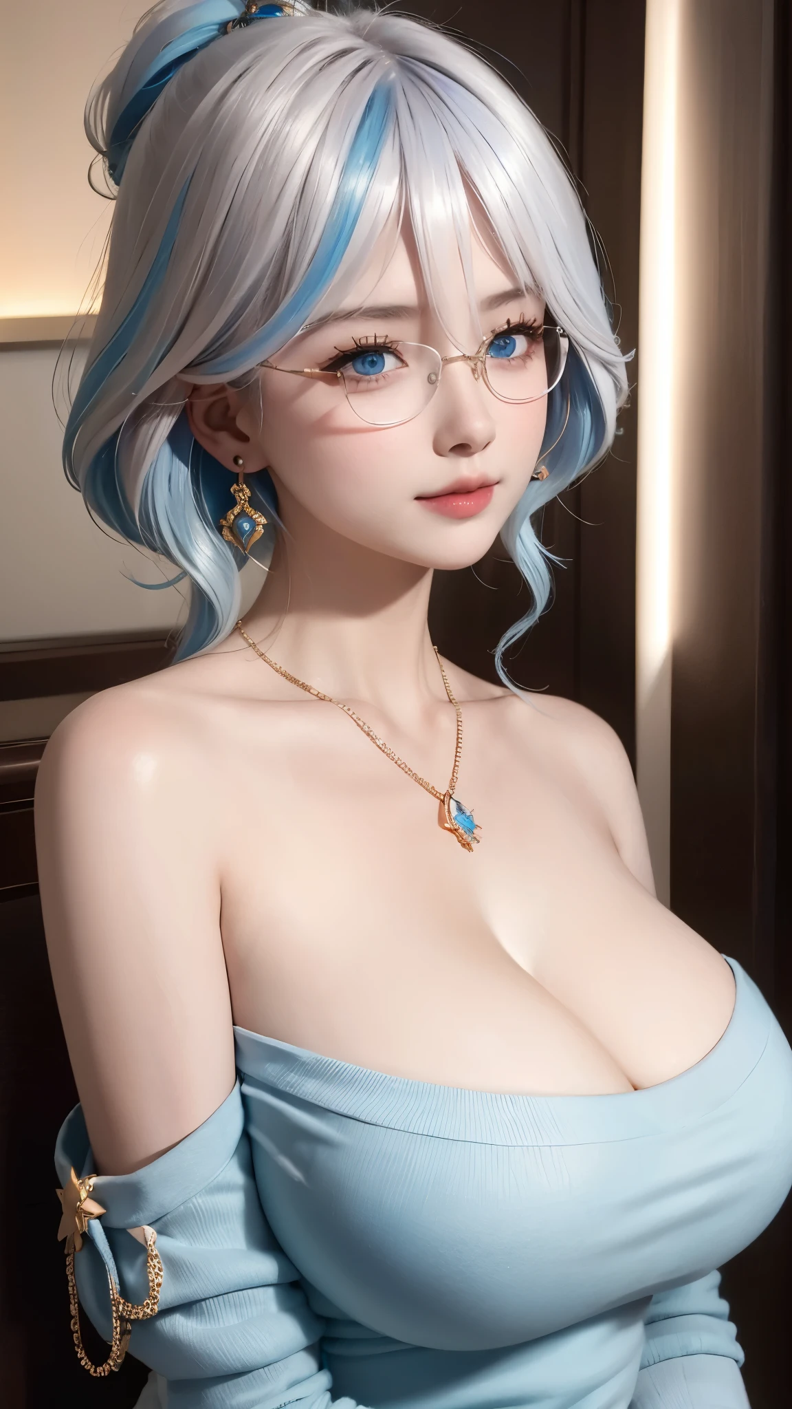 masterpiece, best quality, illustration, saxophone blue hair, platinum earrings, platinum necklace, off shoulder shirt,1 girl, charming, (dynamic lighting:1.2), Cinema lighting, Exquisite facial features, delicate blue eyes, Wear half-rimmed glasses(focus),sharp pupils, realistic student, depth of field, Bokeh, 锐利的focus, (super detailed, bloom, glow:1.4), (huge breasts), (saggy breasts), looking into camera, high ponytail long hair,