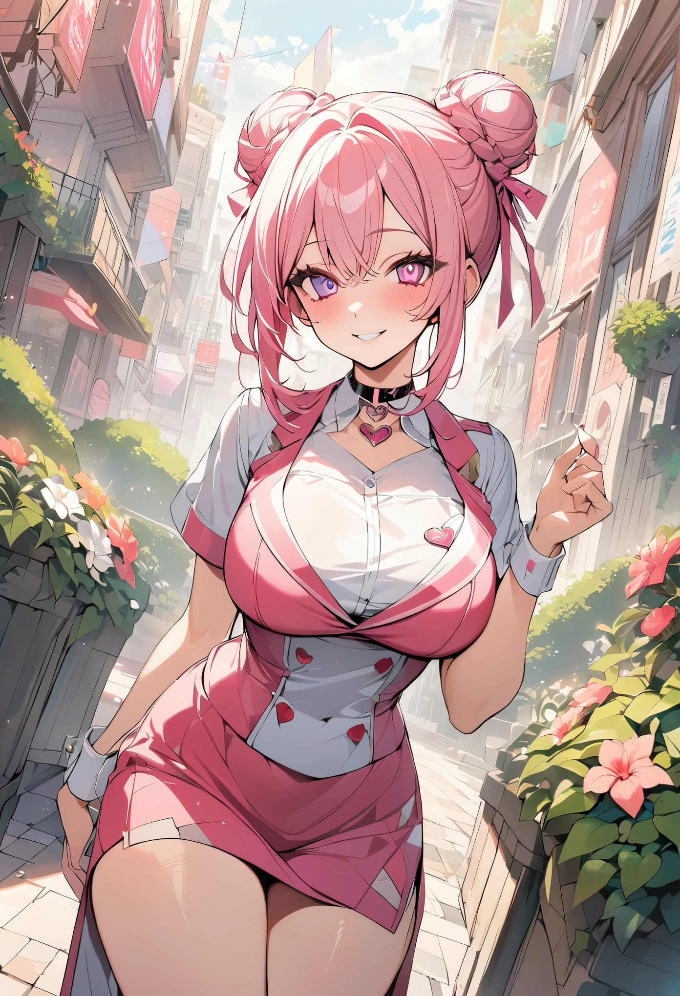 1 girl, pink long bun hair, heart shaped eyes, ♡, big breasts, Stewardess clothes, {girl with pink long bun hair named Nami}, (Pink eye color), {downtown}, (smile), bright background , mole under eye, heart shaped choker, (masterpiece, highest quality), very detailed, highest quality, official art, beautiful and aesthetic: 1.2), (1 girl), very detailed, (geometry art: 1.3), colorful, most detailed ?d1 girl, pink long bun hair, Eye of the symbol, +__+, big breasts, gothic costume, {A girl with long pink bun hair named Nami}, (Pink eye color), {downtown}, (smile), bright background, (garden,beautiful flower々),mole under eye, heart shaped choker, (masterpiece, highest quality), official art, beautiful and aesthetic: 1.2), (1 girl), very detailed, (geometry art: 1.3), colorful