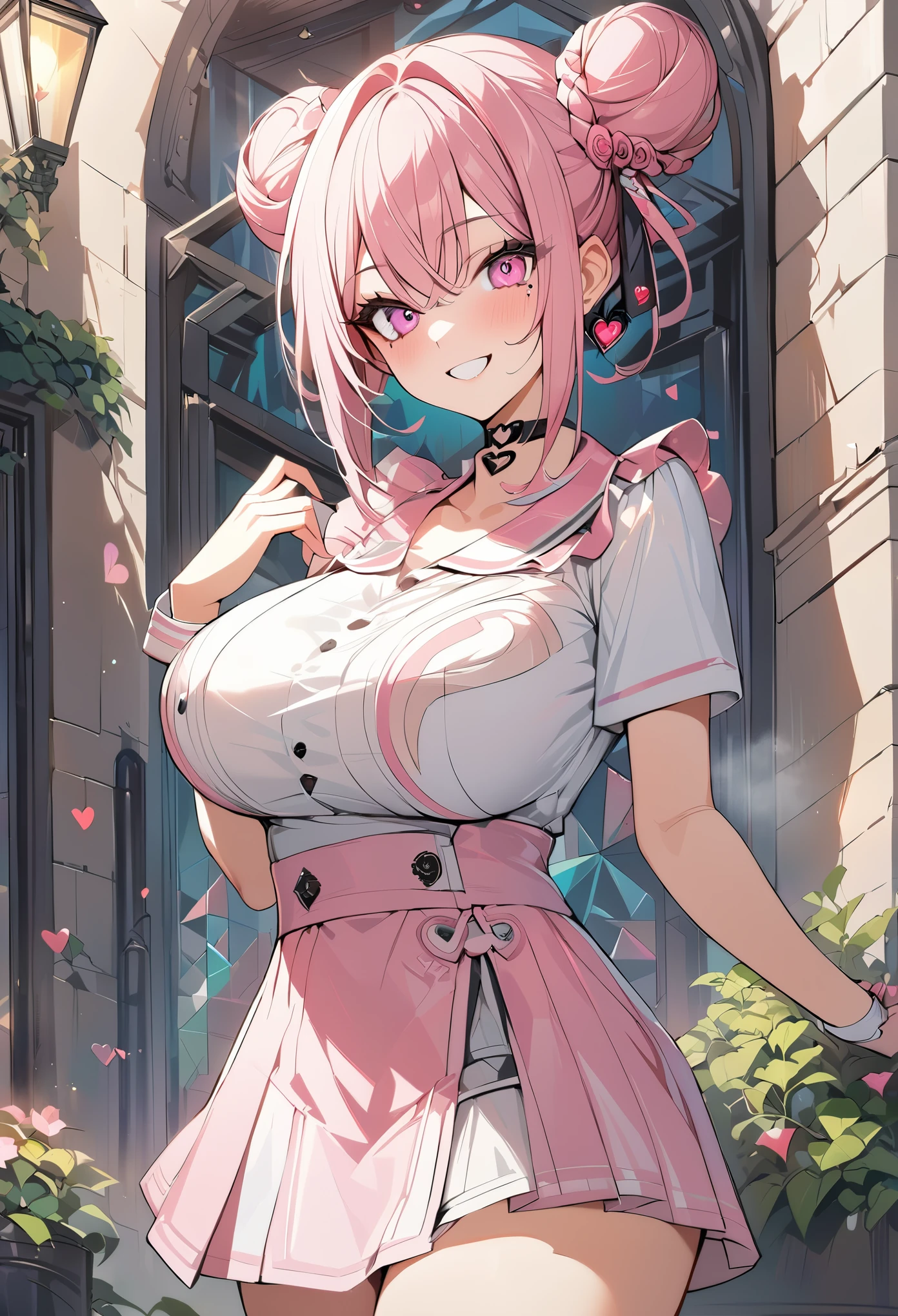 1 girl, pink long bun hair, heart shaped eyes, ♡, big breasts, Stewardess clothes, {girl with pink long bun hair named Nami}, (Pink eye color), {downtown}, (smile), bright background , mole under eye, heart shaped choker, (masterpiece, highest quality), very detailed, highest quality, official art, beautiful and aesthetic: 1.2), (1 girl), very detailed, (geometry art: 1.3), colorful, most detailed ?d1 girl, pink long bun hair, Eye of the symbol, +__+, big breasts, gothic costume, {A girl with long pink bun hair named Nami}, (Pink eye color), {downtown}, (smile), bright background, (garden,beautiful flower々),mole under eye, heart shaped choker, (masterpiece, highest quality), official art, beautiful and aesthetic: 1.2), (1 girl), very detailed, (geometry art: 1.3), colorful