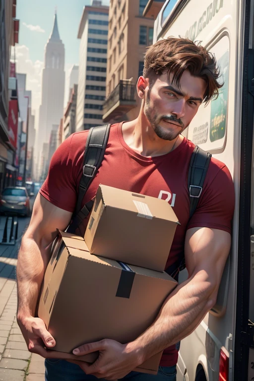 A man in a delivery van, holding a box in hand, wears a red t-shirt. In the background, a realistic cityscape is depicted in an 8k photograph.