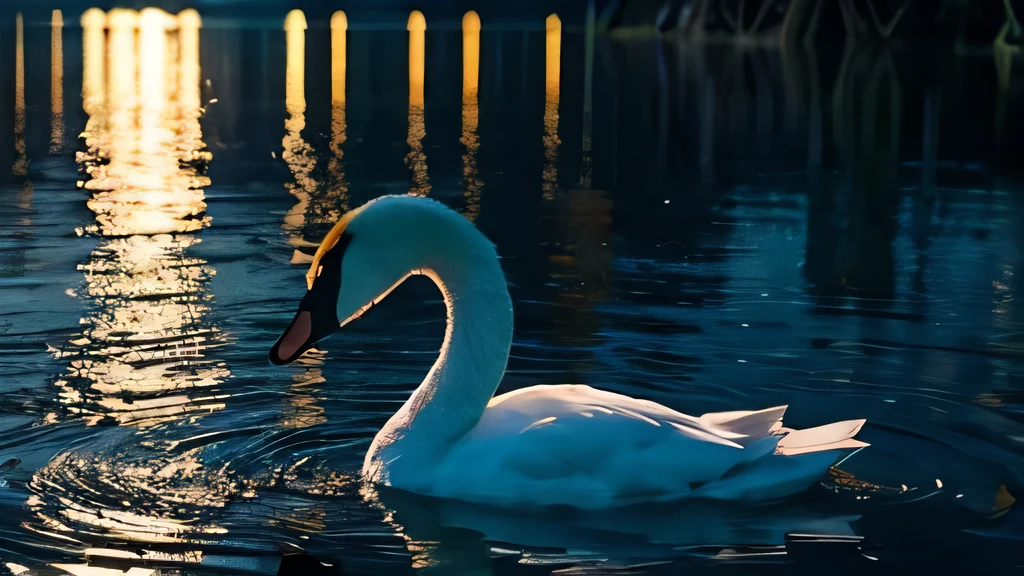 supermoon illuminated lake。Many stars also twinkle。A swan is floating on the sparkling calm surface of the lake.。Behind the lake, you can see a quiet forest at night.。