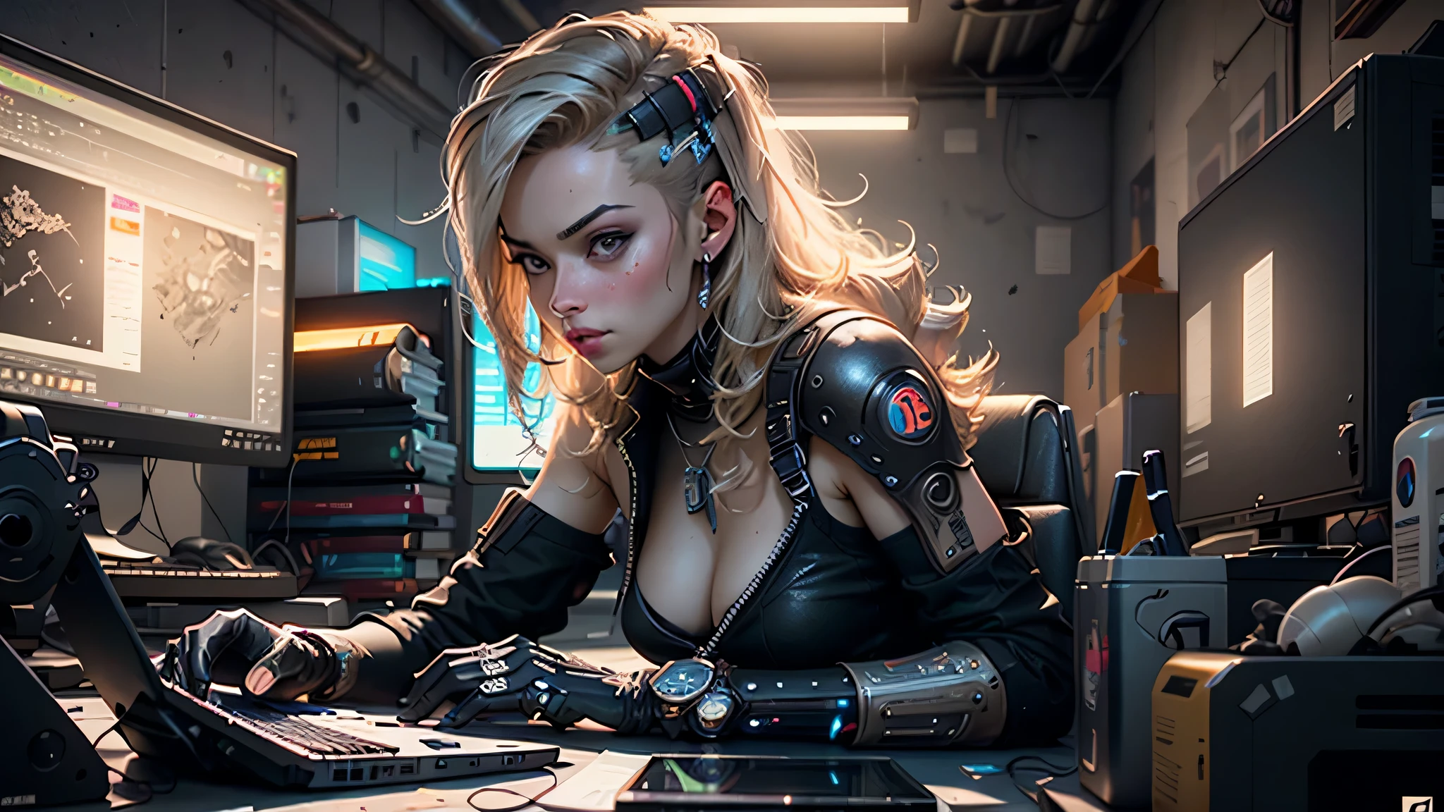 ((Best quality)), ((masterpiece)), (very detailed:1.3), 3d, Beautiful (cyberpunk:1.3) female hacker with thick blond voluminous hair, computer terminal manager, computer servers, LCD screen, fiber optic cables, ,HDR (High dynamic range),ray tracing,NVIDIA RTH,Super resolution,Unreal 5,Subsurface scattering,PBR-текстурирование,Post-processing,Anisotropic filtering,depth of field,Maximum clarity and sharpness,Multilayer textures,Albedo and specular maps,Surface Shading,Accurate simulation of light-material interaction.,perfect proportions,Octane render,two-color lighting,Low ISO,White balance,Rule of thirds,Wide aperture,8К RAW,effective subpixel,subpixel convolution,Luminescent particles,