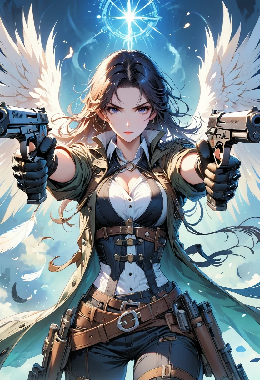 (masterpiece, beat quality, ultra-detailed:1.3), a beautiful angel with a gun, (([aiming her gun at the viewer]:1.4)), foreshortening, , (trenchcoat:1.2), Create an image of an Angelic gunslinger standing proudly, with feathered wings spread wide behind them. She wields two gleaming silver pistols, radiating divine energy. The gunslinger's serene face contrasts with their determined stance, embodying both grace and firepower in equal measure