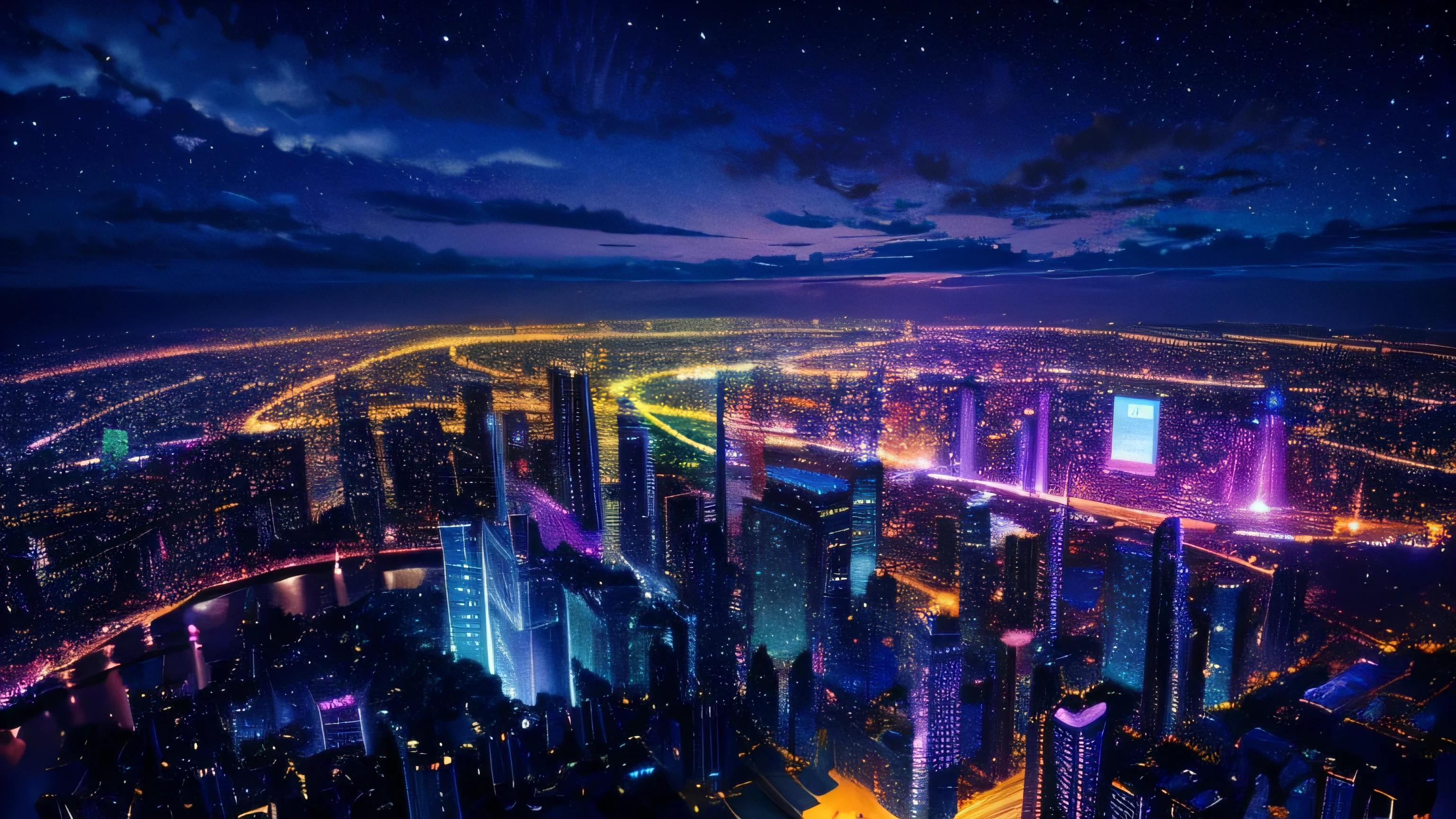 Music score playback、Colorful sheet music is played、 Night view from a high place、Drawing a large number of skyscrapers, Look up at the starry sky. Colorful nebula and colorful metropolis.