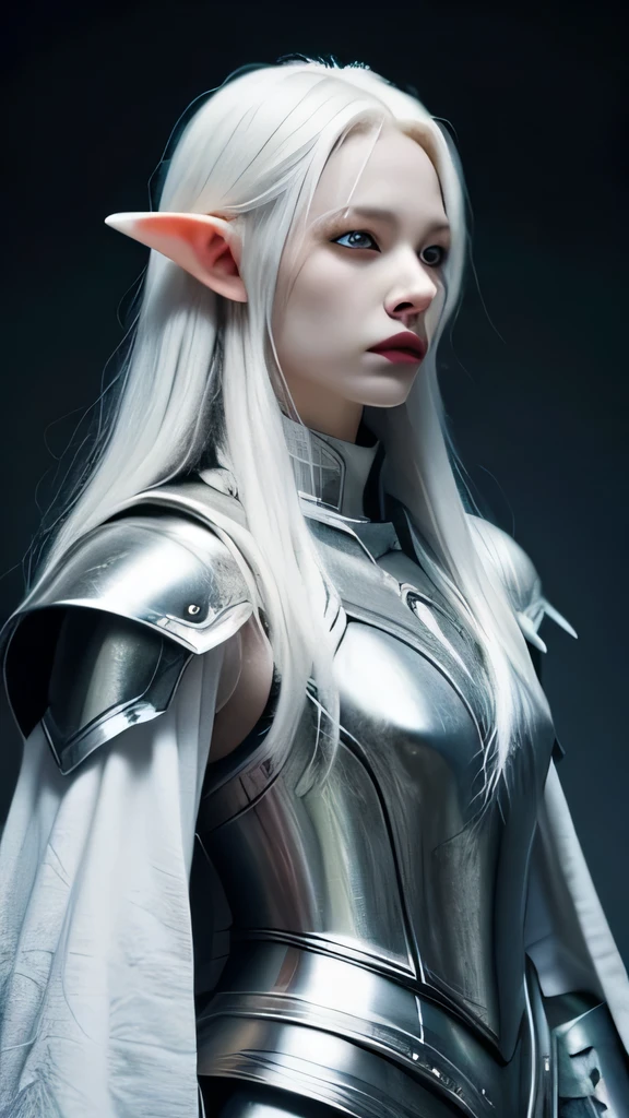 Albino, elven, woman, full plate armor, grey hair, ((Albino)), realistic armor, detailed, character, albino