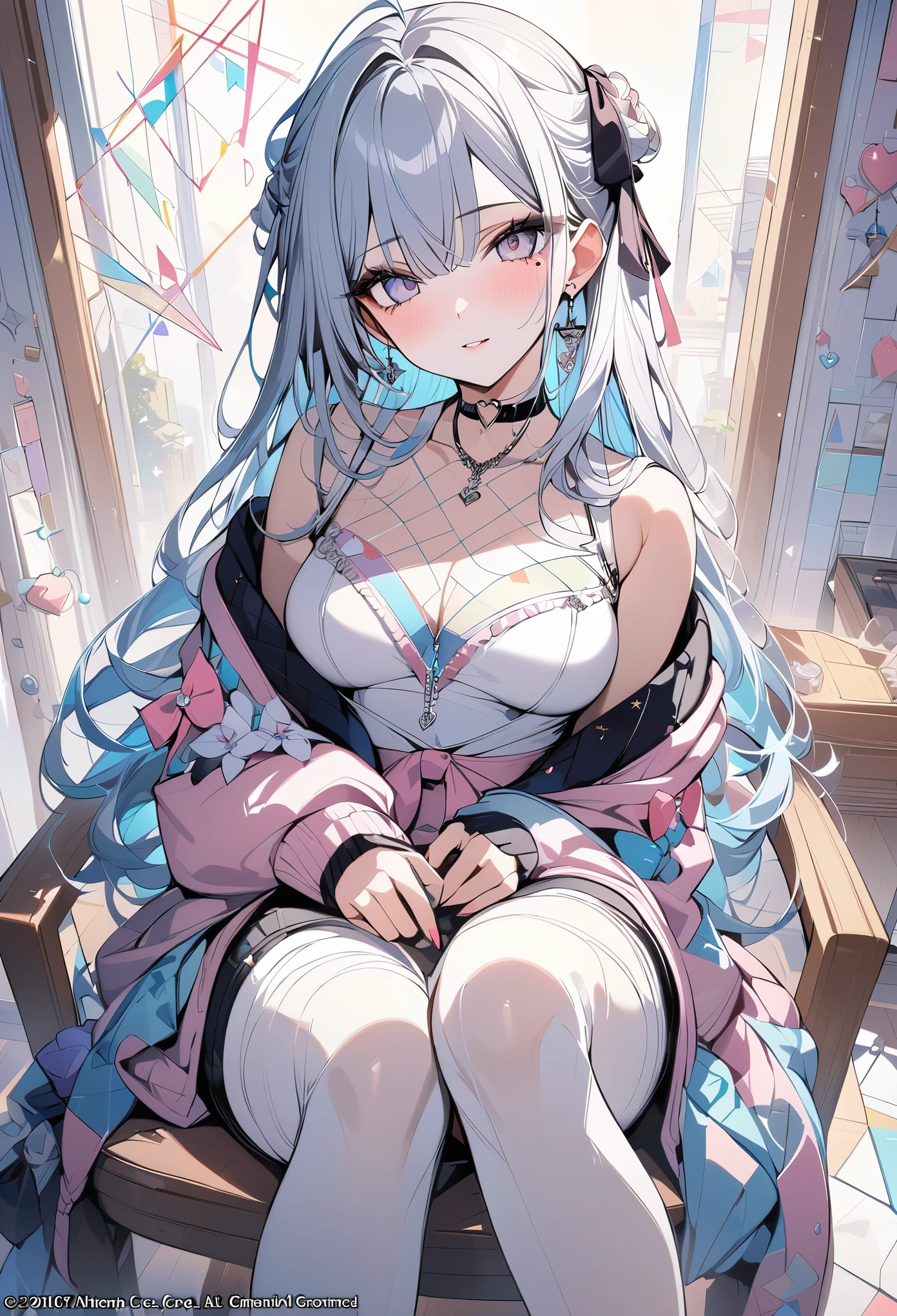 NSFW,masterpiece,Highest quality,High resolution,Super detailed,Shirakami Fubuki\(Hololive\),Gray Hair、One-sided braid、Ahoge、Earrings,Fox ears,Fox tail,Jacket,Crop top shirt,Denim shorts,Embarrassed,blush,Expecting face,Bewitching Smile,Shy smile,Lingerie Shop,Underwear section,High-end store,Cute pose,Date,(Seduce),From above,From the side
