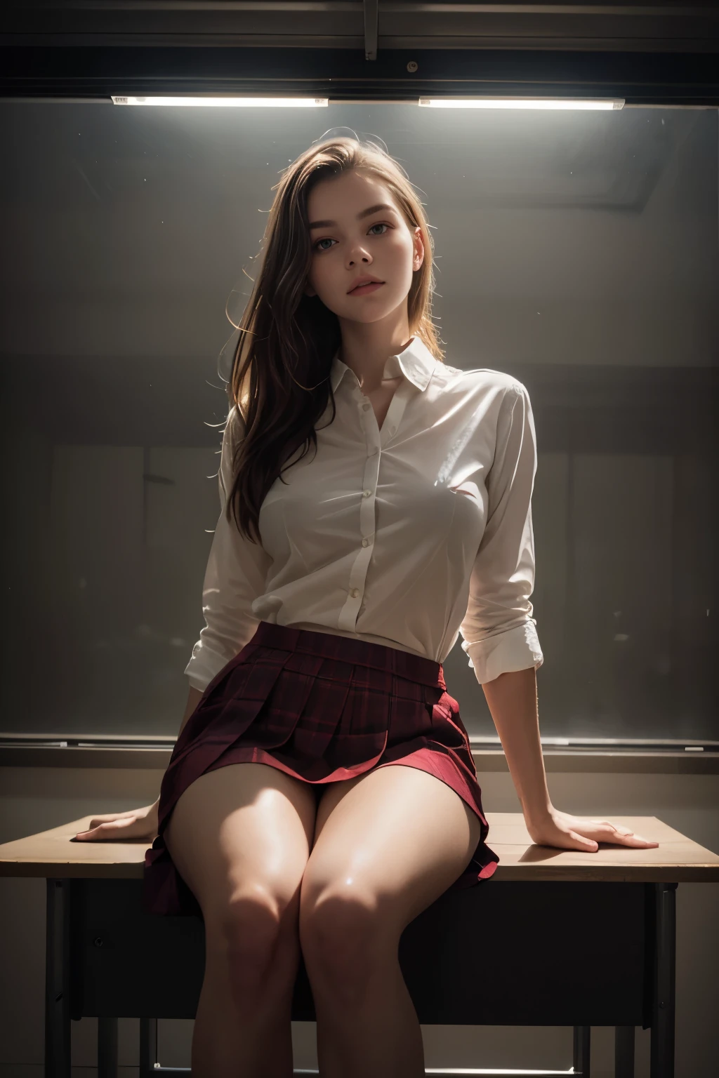 ultra realistic 8k cg, picture-perfect face, flawless, clean, masterpiece, professional artwork, famous artwork, perfect face, beautiful face, beautiful eyes, ((perfect female body)), solo,(immersive atmosphere, chiaroscuro:1.5,bright light:1.2,luminous lighting),(blush:0.5),seductive expression,extremely detailed_eyes,thick thighs,small breasts,beautifully detailed background,depth of field,realistic:1.3, long shot,1girl,buttoned shirt, red pleated skirt, sitting, full body, (ambient light:1.3),(cinematic composition:1.3),(neon lights:0.1),(HDR:0.1),Accent Lighting, sexy long legs, classroom, Barbara palvin,from below