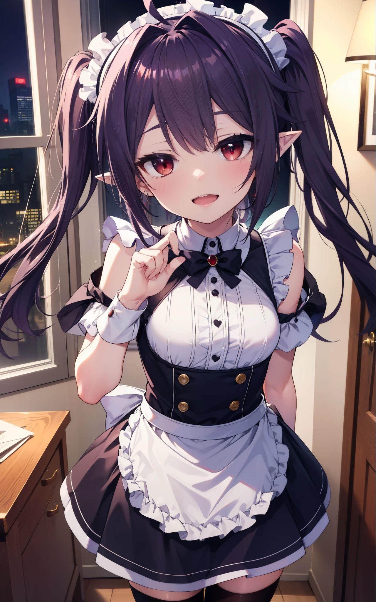yuukikonno, Yuki Konno, hair band, long hair, pointy ears, purple hair, (red eyes:1.5), (small breasts:1.2),Ahoge,face tilted to one side, twin tails,Open your mouth and smile happy, smile, open your mouth,blush,she was wearing a maid skirt, black stockings on her legs, I'm back with both arms behind one.,lean forward,peek from above,bare shoulders,Cute standing figure,night,moonlight,
break looking at viewer, Upper body, whole body,
break indoors, Bedroom,
break (masterpiece:1.2), highest quality, High resolution, unity 8k wallpaper, (shape:0.8), (fine and beautiful eyes:1.6), highly detailed face, perfect lighting, Very detailed CG, (perfect hands, perfect anatomy),