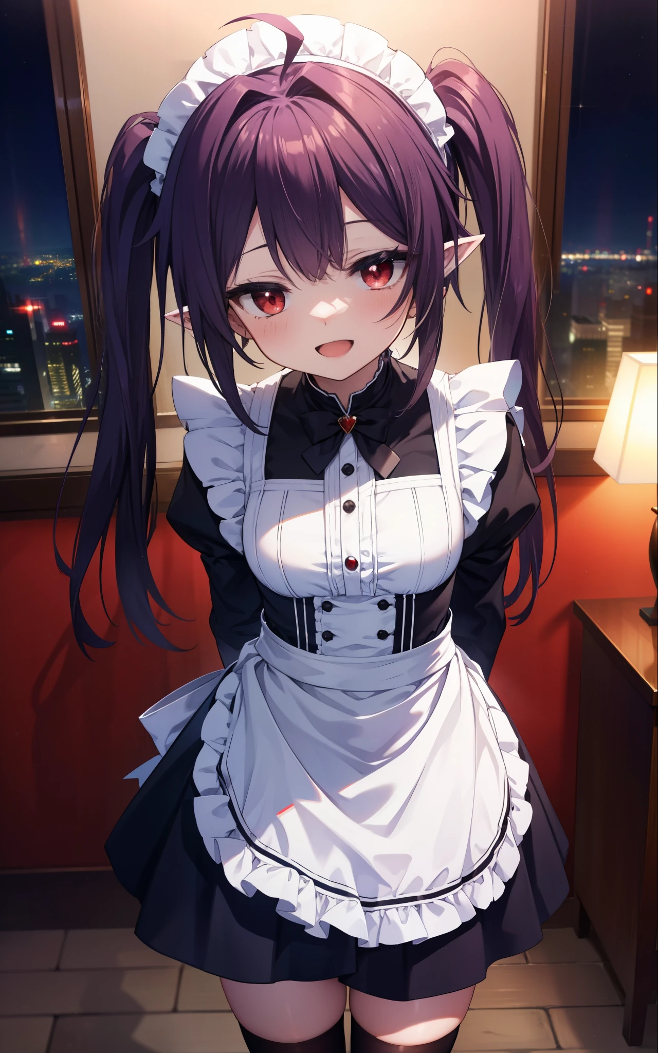 yuukikonno, Yuki Konno, hair band, long hair, pointy ears, purple hair, (red eyes:1.5), (small breasts:1.2),Ahoge,face tilted to one side, twin tails,Open your mouth and smile happy, smile, open your mouth,blush,she was wearing a maid skirt, black stockings on her legs, I'm back with both arms behind one.,lean forward,peek from above,bare shoulders,Cute standing figure,night,moonlight,
break looking at viewer, Upper body, whole body,
break indoors, Bedroom,
break (masterpiece:1.2), highest quality, High resolution, unity 8k wallpaper, (shape:0.8), (fine and beautiful eyes:1.6), highly detailed face, perfect lighting, Very detailed CG, (perfect hands, perfect anatomy),