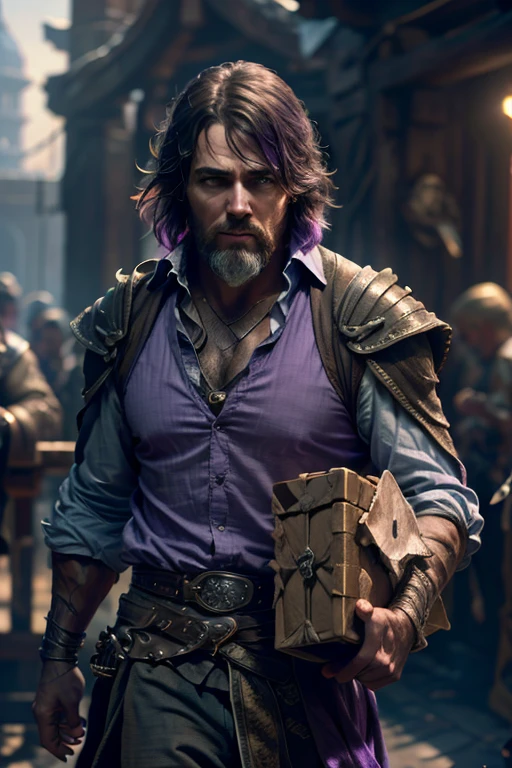 light, highly detailed and cinematic, exceptional quality, immersive atmosphere, focused expression, clear and sharp lines, complex tableau, testament to photography's power.

A man dressed in a purple shirt, holding a box in hand, is captured in an 8k photograph with exceptional detail. The scene unfolds in a highly cinematic cityscape, where buildings and structures are rendered with intricate precision and superb textures. The sunlight streams in, casting long shadows and adding depth to the image. The man's focused expression and the clear, sharp lines of his face convey a sense of urgency and professionalism. This vivid tableau is a testament to the power of photography to capture the