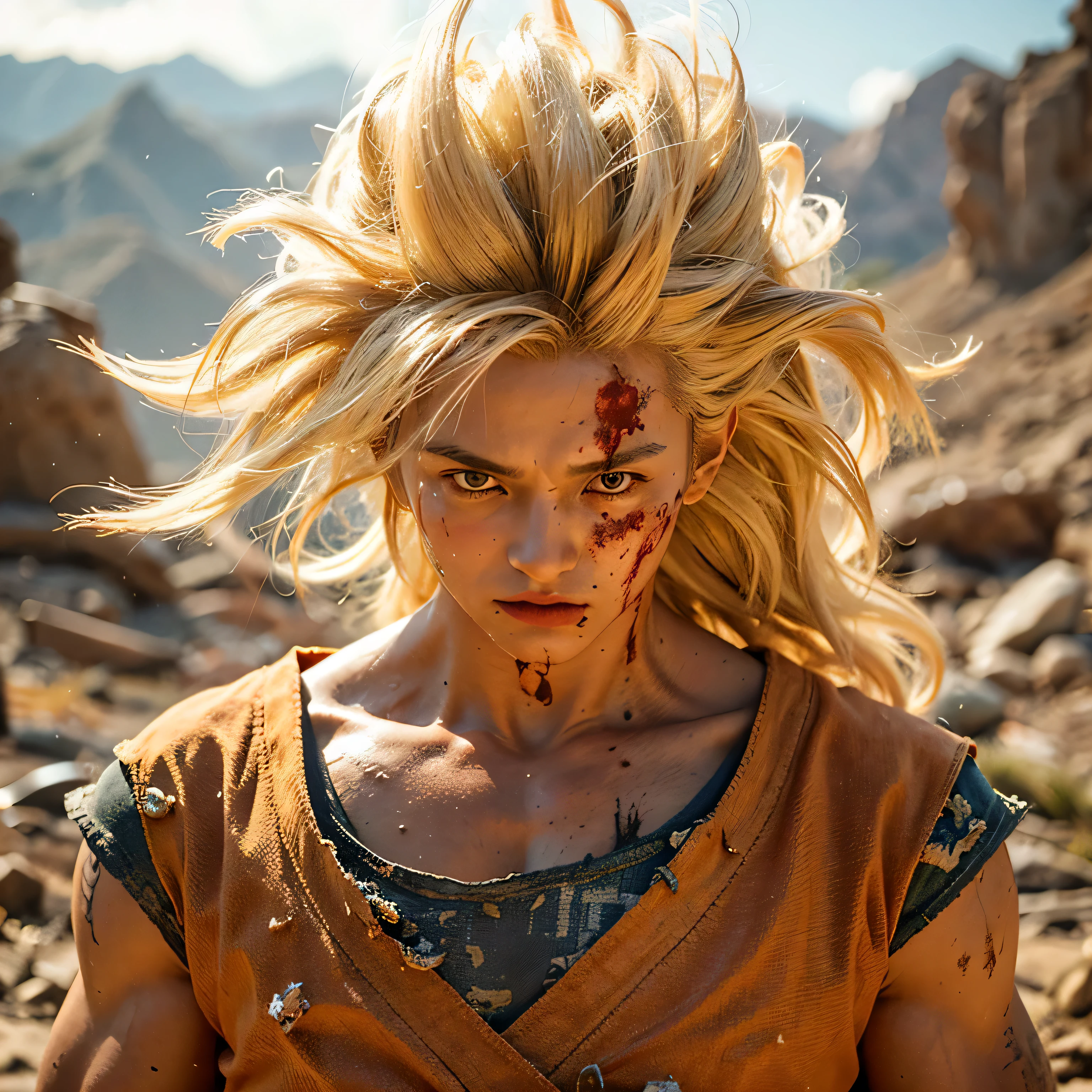 Dragonball Z, super Sayan warrior, 13 year old girl. White Clothing tattered from battle. NSFW