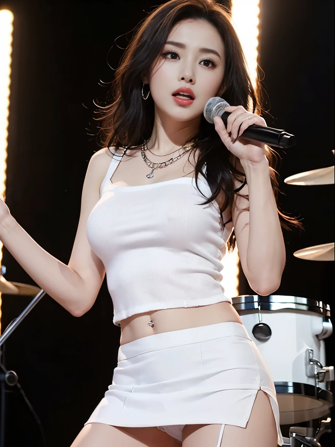 1 female、(super beautiful)、(beautiful face:1.5)、(play the drums:1.3)、(black mini skirt:1.5)、with legs spread、(show me your white panties:1.5)、compensate、light brown hair、necklace、on the concert stage、(At SFW:1.3)