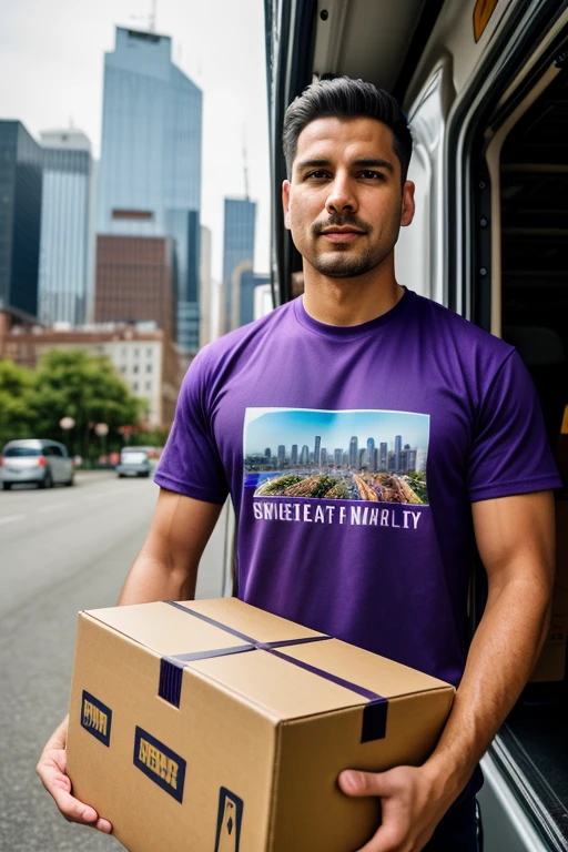 A man in a delivery van, holding a box in hand and wearing a distinctive purple t-shirt, is captured in an 8k photograph. In the background, a highly detailed and cinematic cityscape unfolds, with buildings and structures rendered in exceptional quality. The natural light adds depth and dimension to the scene, creating a realistic and immersive atmosphere. The man's focused expression and the clear, sharp lines of the image convey a sense of urgency and professionalism. This vivid and intricately detailed tableau is a testament to the power of photography to capture the world around us in all its complexity. (delivery man, purple shirt, holding a box, 8k photograph, cityscape, natural