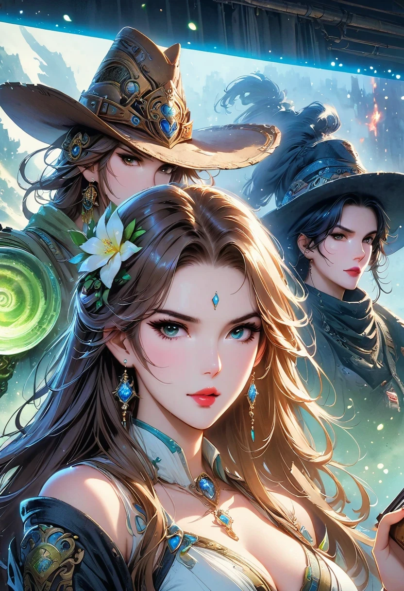 Female figures in Alafid&#39;s science fiction scenes, Android Jones and Chris Dale, Portrait of Sofia Vergara, Square Enix Cinematic Arts, Movie promotional pictures, shot on giant screen, muspelheim, protagonist in foreground, Paul Atreides, giant screen render, the witch, Elora, giant screen  