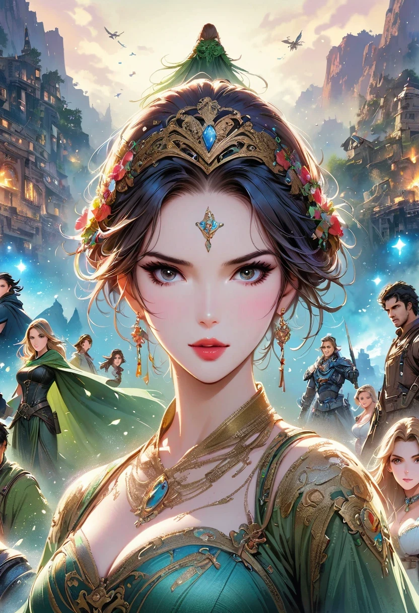 Female figures in Alafid's science fiction scenes, Android Jones and Chris Dale, Portrait of Sofia Vergara, Square Enix Cinematic Arts, Movie promotional pictures, shot on giant screen, muspelheim, protagonist in foreground, Paul Atreides, giant screen render, the witch, Elora, giant screen