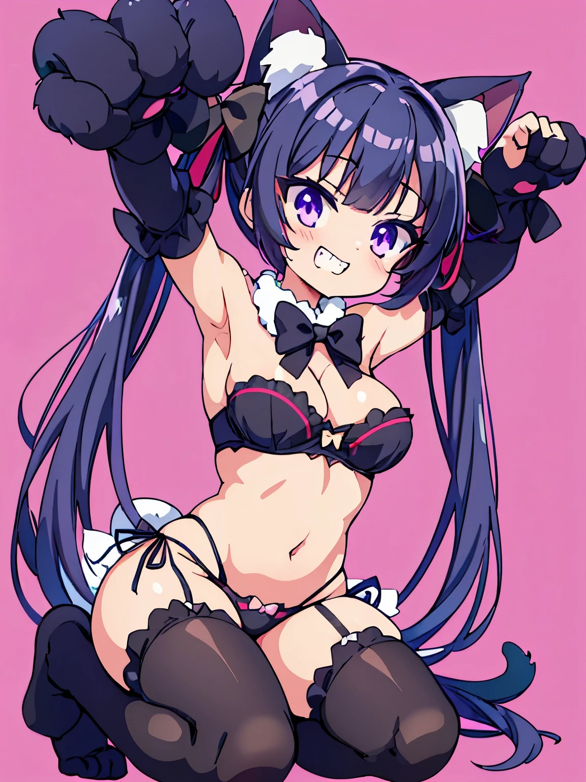 kitty cat in white lacy panties looking down towards ground with arms up, 1girl, solo, animal ears, animal hands, breasts, black hair, long hair, navel, paw gloves, cat ears, bow, clothing cutout, tail, looking at viewer, purple eyes, smile, underwear, gloves, fang, cleavage, cat tail, panties, bowtie, cat girl, cleavage cutout, ribbon, :d, open mouth, stomach, twintails, hair ribbon, very long hair, bra, side-tie panties, black panties, cat cutout, simple background, blue bow, black bra((Rascally grin)) , no shoes, white socks ((((Fiendish grin ))))