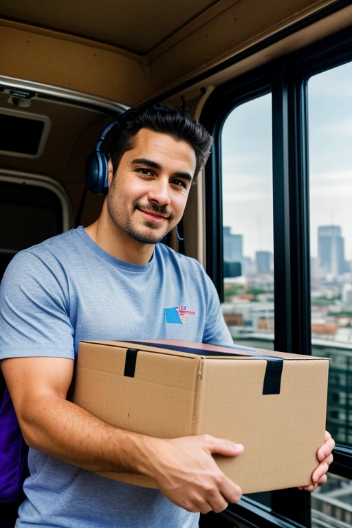 A man in a delivery van, holding a box in hand and wearing a distinctive purple t-shirt, is captured in an 8k photograph. In the background, a highly detailed and cinematic cityscape unfolds, with buildings and structures rendered in exceptional quality. The natural light adds depth and dimension to the scene, creating a realistic and immersive atmosphere. The man's focused expression and the clear, sharp lines of the image convey a sense of urgency and professionalism. This vivid and intricately detailed tableau is a testament to the power of photography to capture the world around us in all its complexity. (delivery man, purple shirt, holding a box, 8k photograph, cityscape, natural