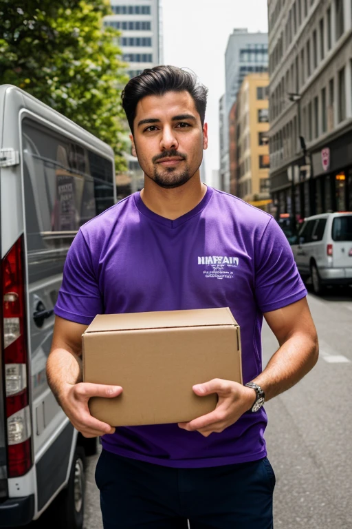 A man in a delivery van, holding a box in hand and wearing a distinctive purple t-shirt, is captured in an 8k photograph. In the background, a highly detailed and cinematic cityscape unfolds, with buildings and structures rendered in exceptional quality. The natural light adds depth and dimension to the scene, creating a realistic and immersive atmosphere. The man's focused expression and the clear, sharp lines of the image convey a sense of urgency and professionalism. This vivid and intricately detailed tableau is a testament to the power of photography to capture the world around us in all its complexity. (delivery man, purple shirt, holding a box, 8k photograph, cityscape, natural