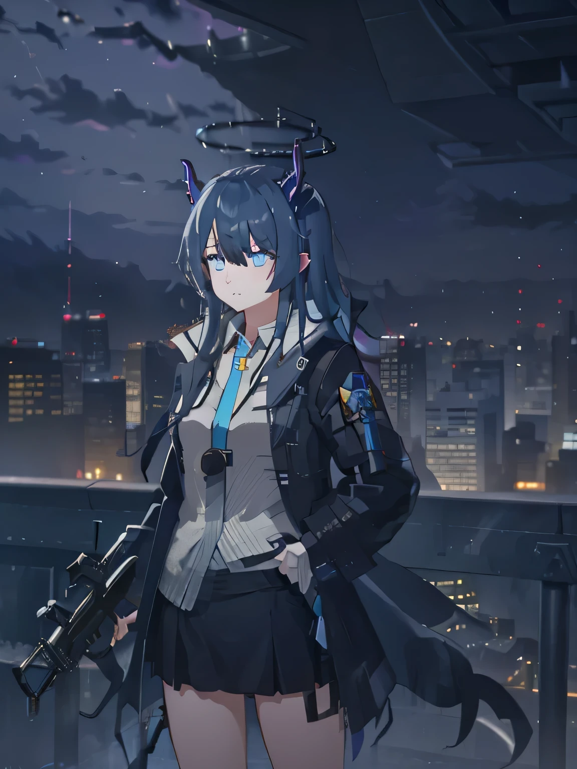 1 girl,  very clear, nervous, , watching, transportation station, dark rainy day, Serious eyes, Black halo with sky blue stripes, Serious, sharp vision, dissatisfied, Holding an aug assault rifle, City skyline, Light gray aug assault rifle with blizzard texture, tall girl, transportation, train station, Serious, dark rainy day, Dia sombrio, rain, collide,  Standing posture, aim，sky blue eyes，One hand in the pocket of the coat