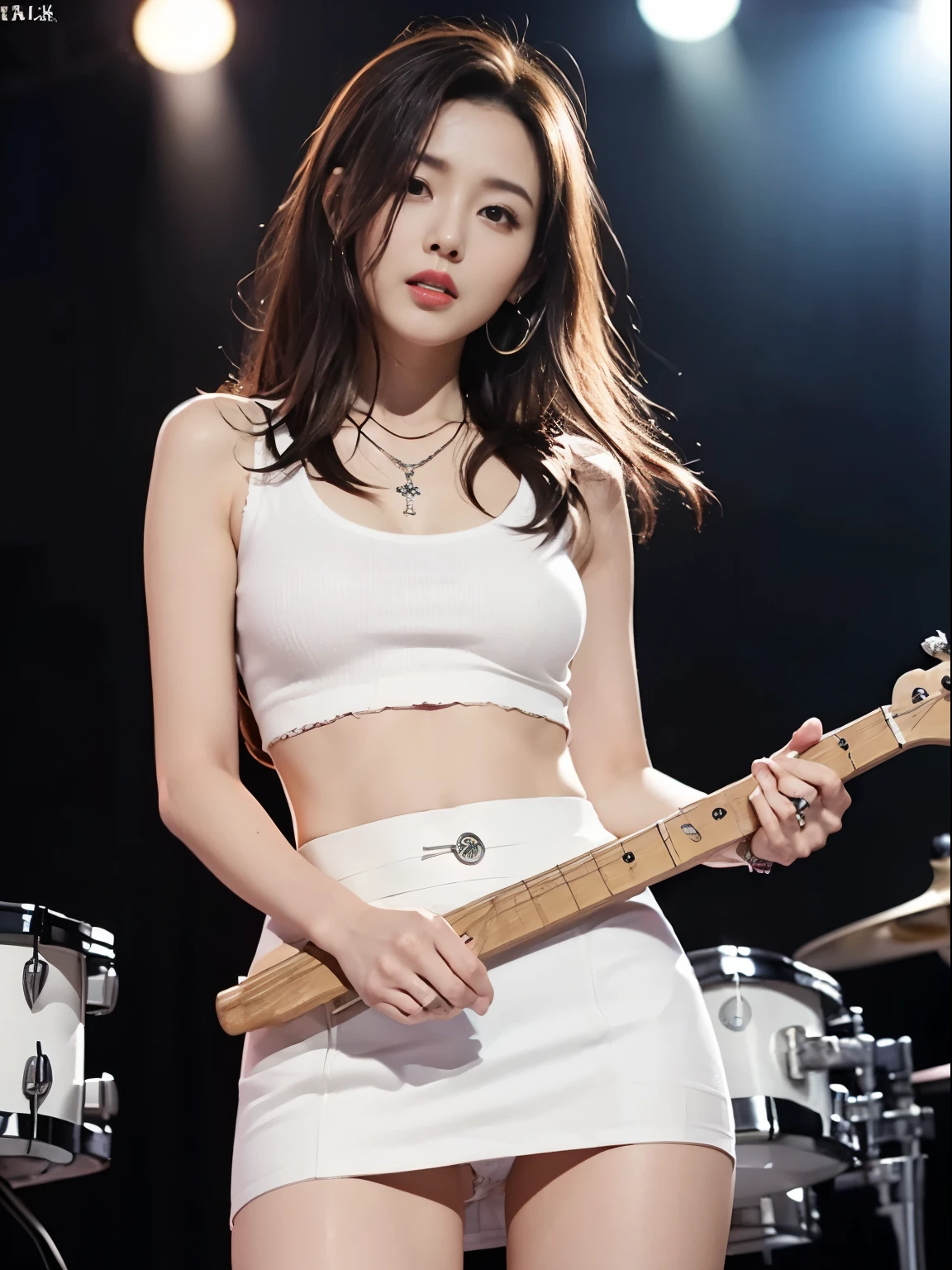 1 female、(super beautiful)、(beautiful face:1.5)、(play the drums:1.3)、(black mini skirt:1.5)、with legs spread、(show me your white panties:1.5)、compensate、light brown hair、necklace、on the concert stage、(At SFW:1.3)