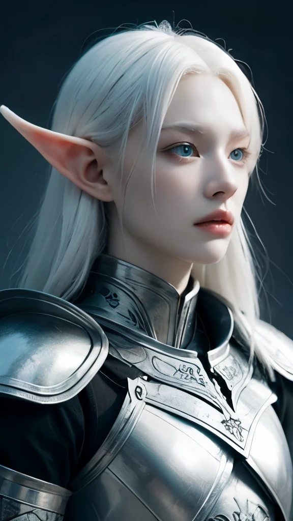 Albino, elven, woman, full plate armor, grey hair, ((Albino)), realistic armor, detailed, character, albino