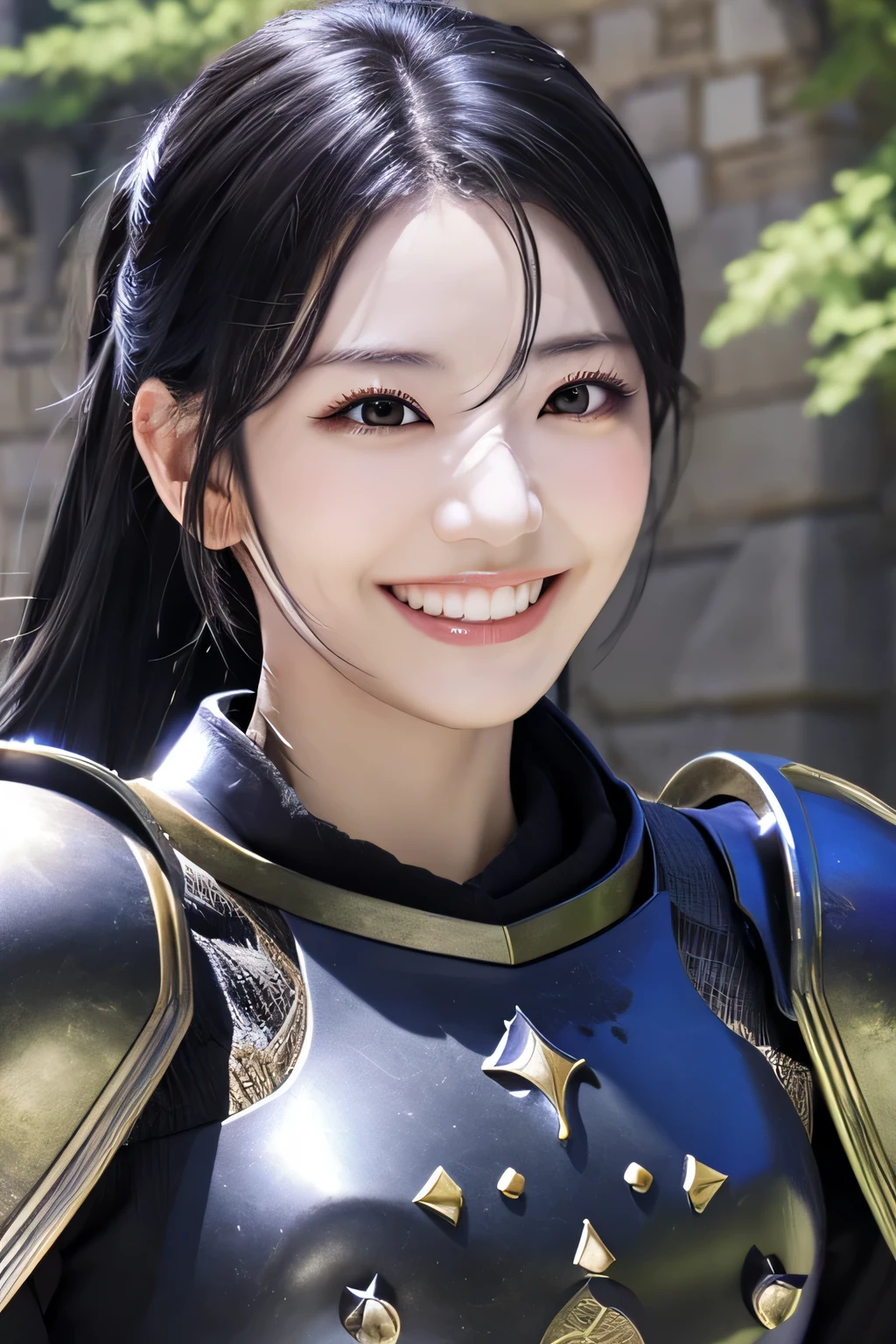 highest resolution, 4k, masterpiece: 1.3), japanese mature, photo of a woman, sexy, fine eyes, slender body shape, realistic teeth, double eyelid, full body, highest quality, be familiar with, equipped with armor, in a fantasy world, The background is a castle、black hair、smile、beautiful teeth