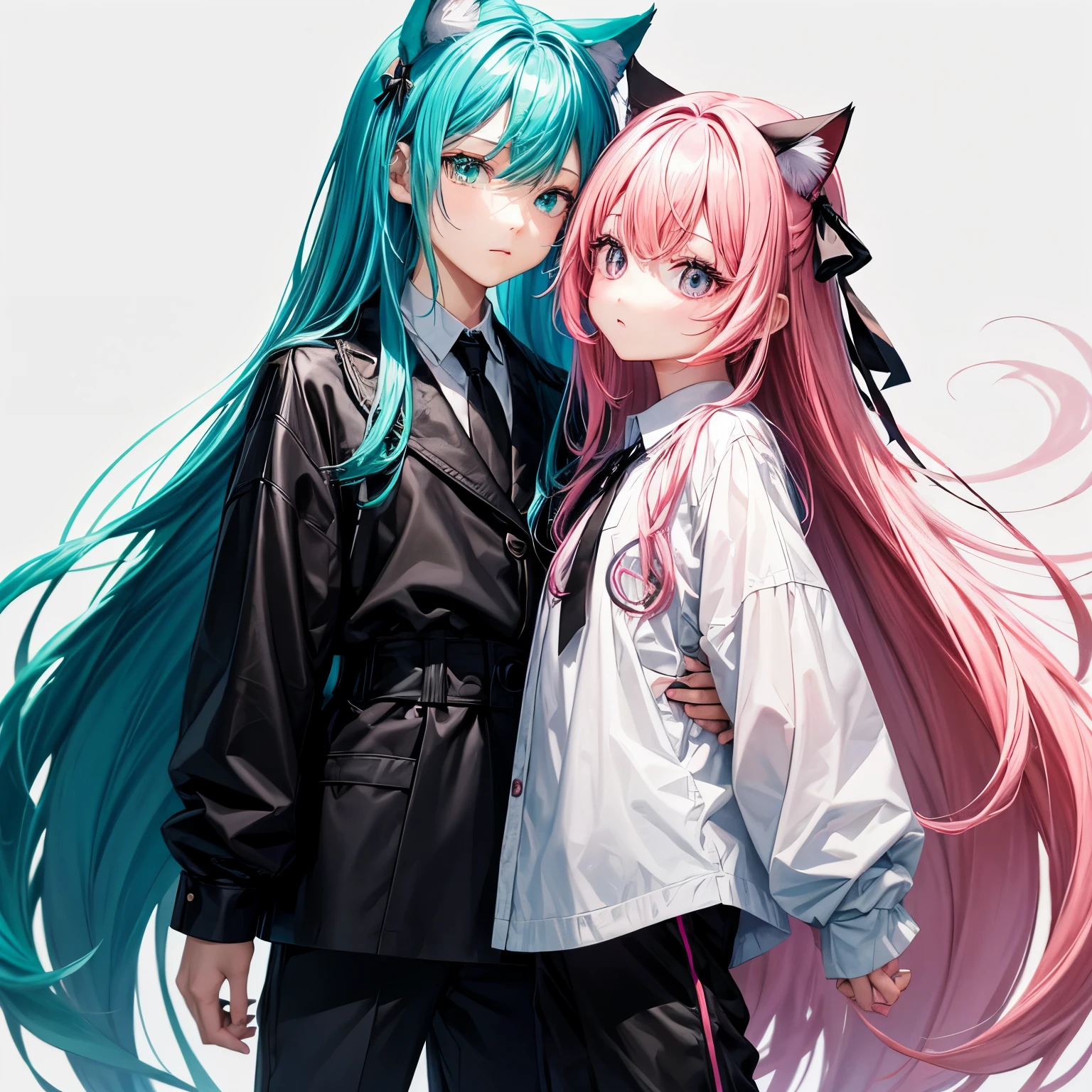 Two-dimensional beautiful youth、long hair、bright teal and pink hair、The black part is pink、black cat ears、Boy character、positive、Plain white background、Clothes: white blouse, black jacket and black pants、No pose