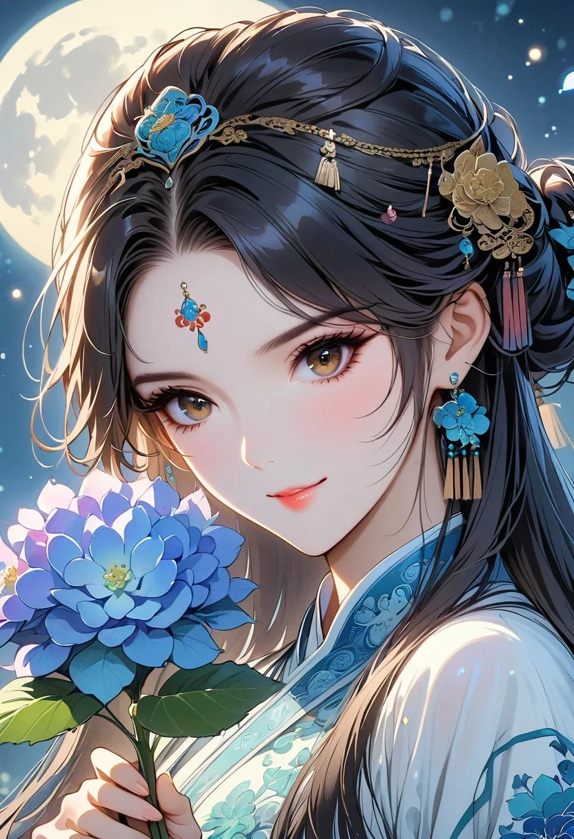 masterpiece, the best, night, full moon, 1 female, mature woman, Chinese style, China, Sister, Royal sister, Smile, Dark brown hair, black hair, princess cut, braid, curls, Double ball head, light pink lips, calm, intellectuals, Medium long hair, green pupils, hairpin, hydrangeas, delicate face, face close-up, Close-up of the hand