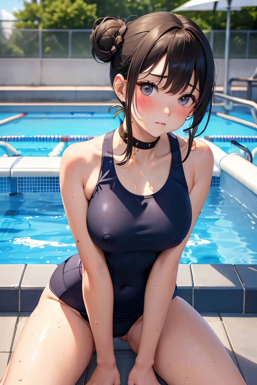muste piece,masterpiece,highest quality,Super detailed high resolution,8K portrait,Unity,8k壁紙のHigh definitionCG,portrait photography,shiny skin,High definition,(:1.3),(1 girl),beautiful clear eyes,extremely detailed description,delicate face,nice lips,slender body,thin waist,thin legs,(Poolside:1.6),cute type,perfect face,seriously,(blush:1.5),(cute:1.5),(black hair bun hair:1.3),((medium breasts:1.3)),(navy blue school swimsuit:1.3),(I have nipples:1.2),((climax in vagina:1.5)),(spread legs:1.5),(pussy:1.5),((leaning forward:1.5))
