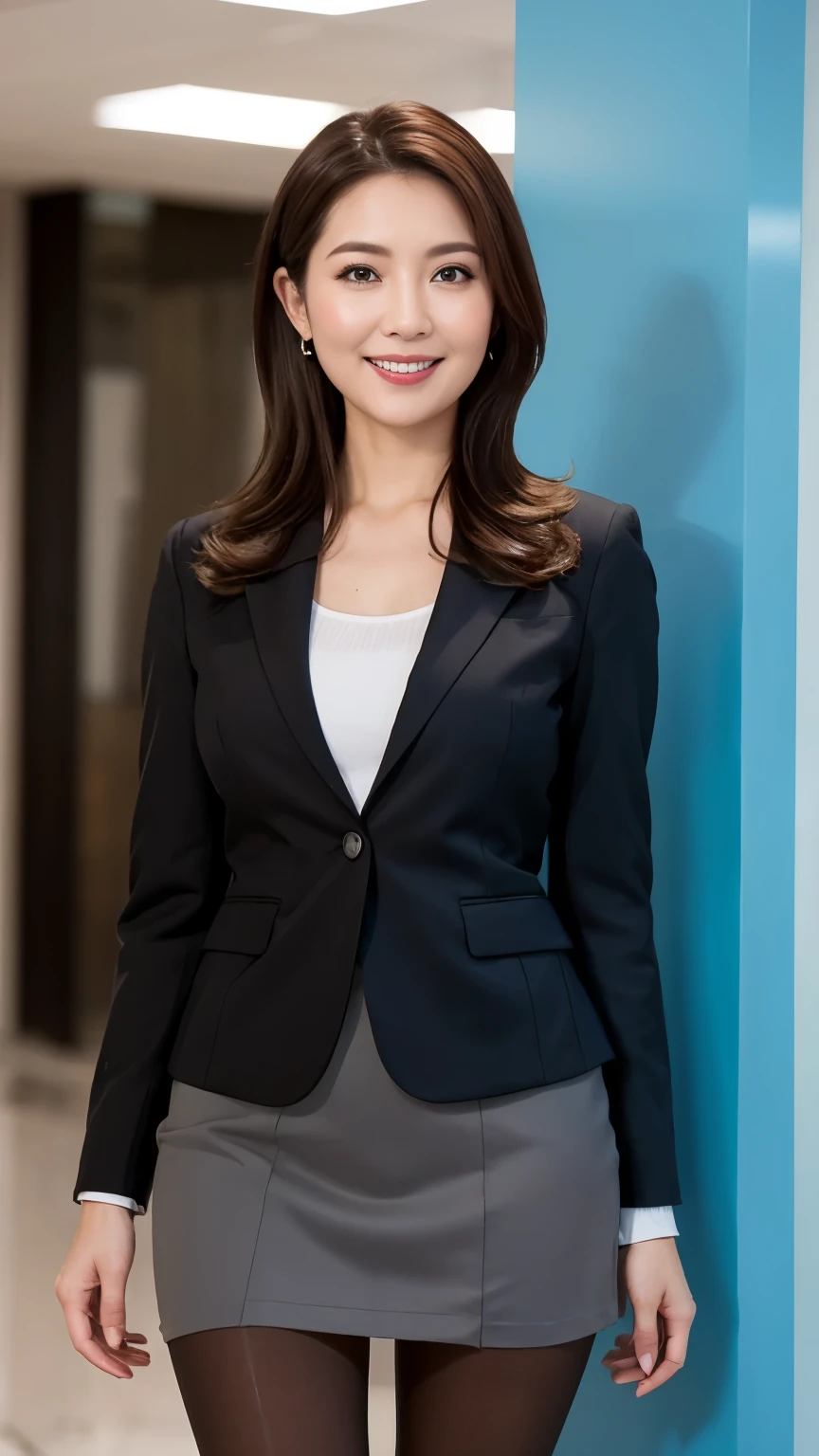 ulzzang-6500-v1.1, (Raw photo:1.2), (Photoreal), (genuine:1.4), ((muste piece)),(very realistic, High resolution, detailed face, fine eyes), thin woman, 40 years old, cute face, look at the audience, (very affectionate smile:1.2)、Various up hairstyles, slim body shape, small breasts, very thin waist, At the office, wearing a strict business suit, skirt and thighs, (super realistic pantyhose:1.3), exposed thighs!!!