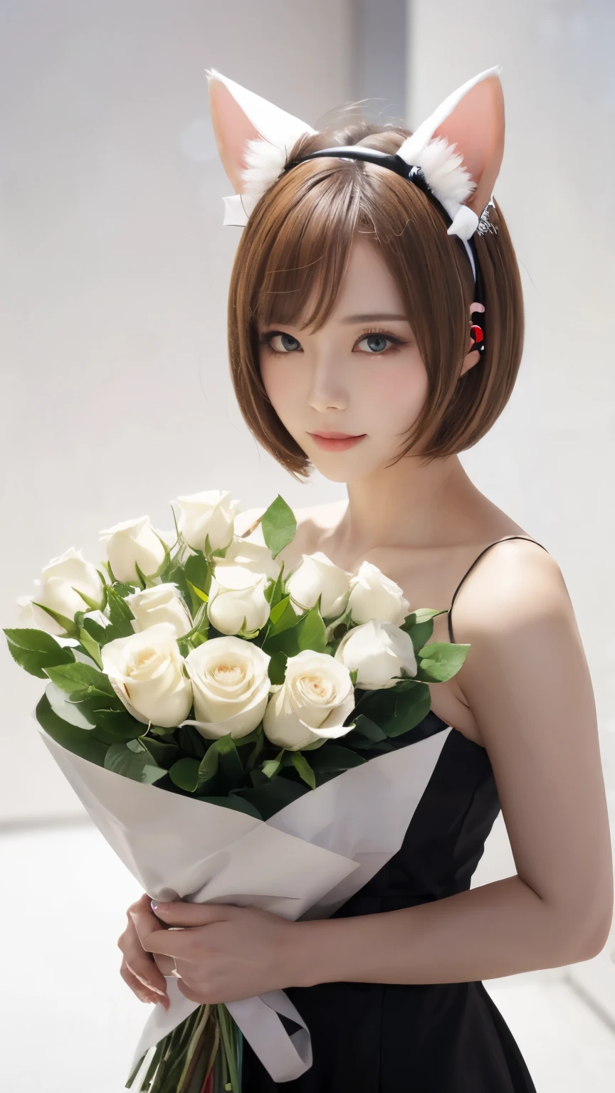 masterpiece, 4k, Bokeh, beautiful face, Harem, (Cat ears:1.3), (white bob hair:1.3) , looking at the viewer, cowboy shot, holding a large bouquet of white roses in both hands, (white room :1.4)