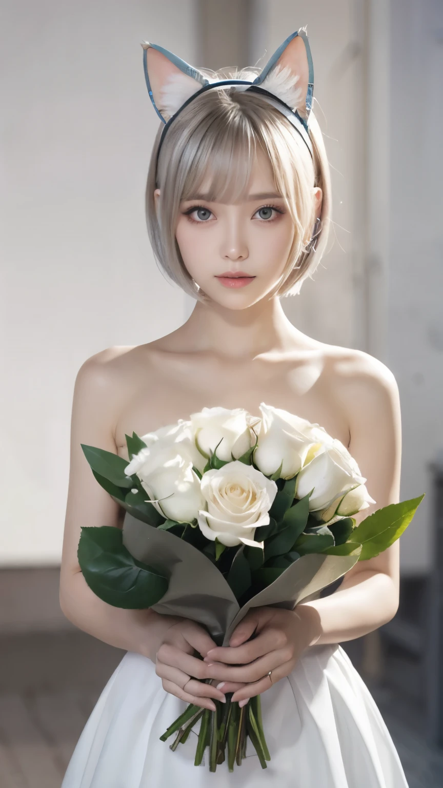 masterpiece, 4k, Bokeh, beautiful face, Harem, (Cat ears:1.3), (white bob hair:1.3) , looking at the viewer, cowboy shot, holding a large bouquet of white roses in both hands, (white room :1.4)