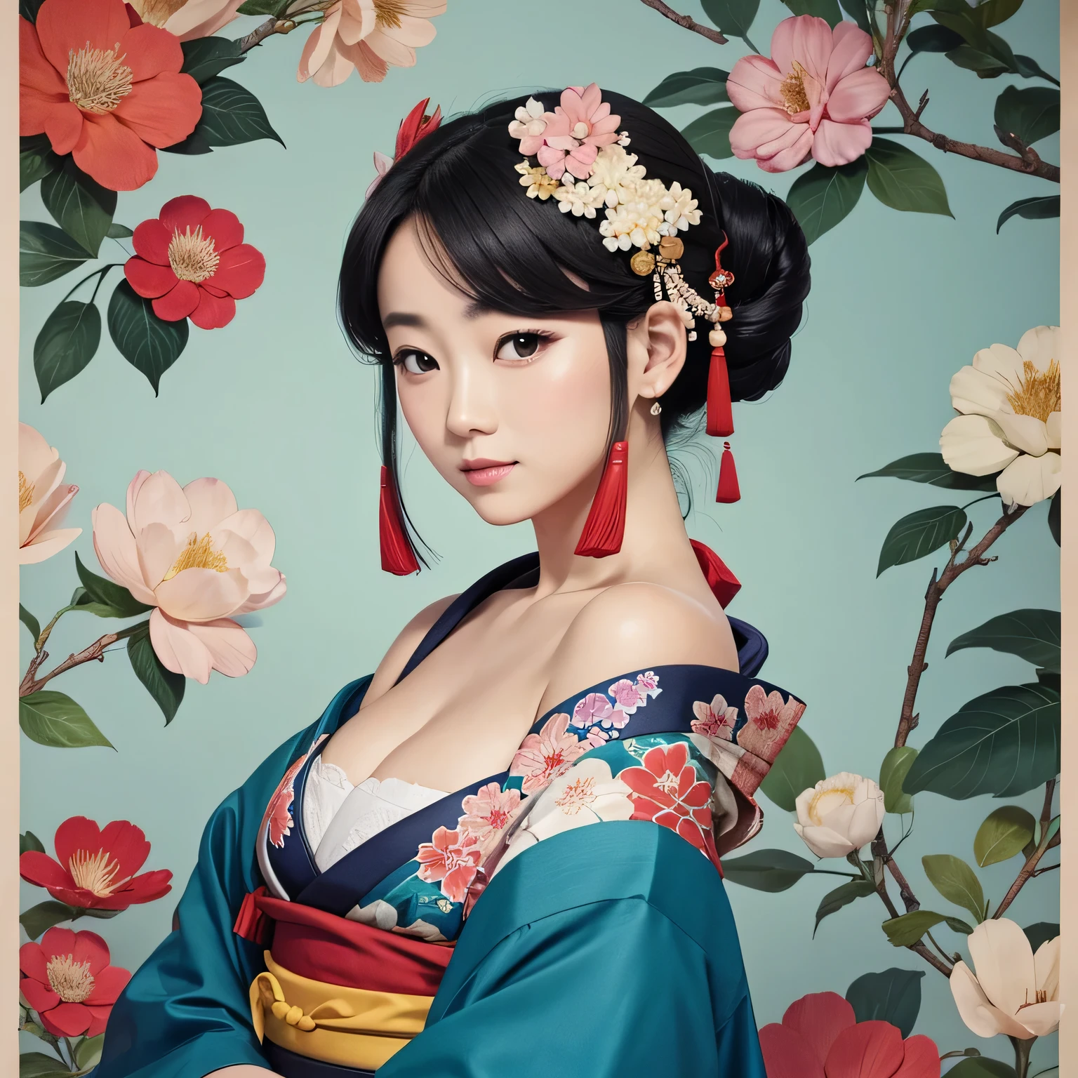 Art vintage japonais, Conception de t-shirts, art vectoriel, art plat:1,4. \\ (japonaise, en kimono, best quality, Art officiel, Beaucoup de couleurs, couleurs du japon, ukiyo-e, couleurs, printemps , bare shoulders, belles formes,: 1.2