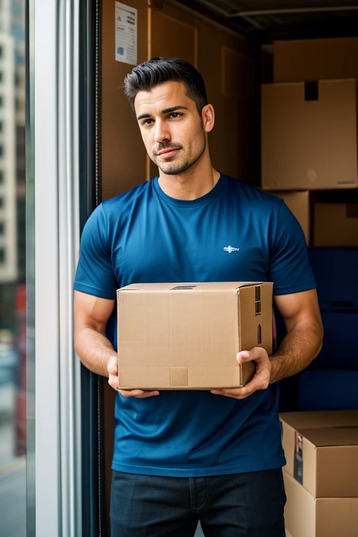 A man in a delivery van, holding a box in hand and wearing a distinctive purple t-shirt, is captured in an 8k photograph. In the background, a highly detailed and cinematic cityscape unfolds, with buildings and structures rendered in exceptional quality. The natural light adds depth and dimension to the scene, creating a realistic and immersive atmosphere. The man's focused expression and the clear, sharp lines of the image convey a sense of urgency and professionalism. This vivid and intricately detailed tableau is a testament to the power of photography to capture the world around us in all its complexity. (delivery man, purple shirt, holding a box, 8k photograph, cityscape, natural
