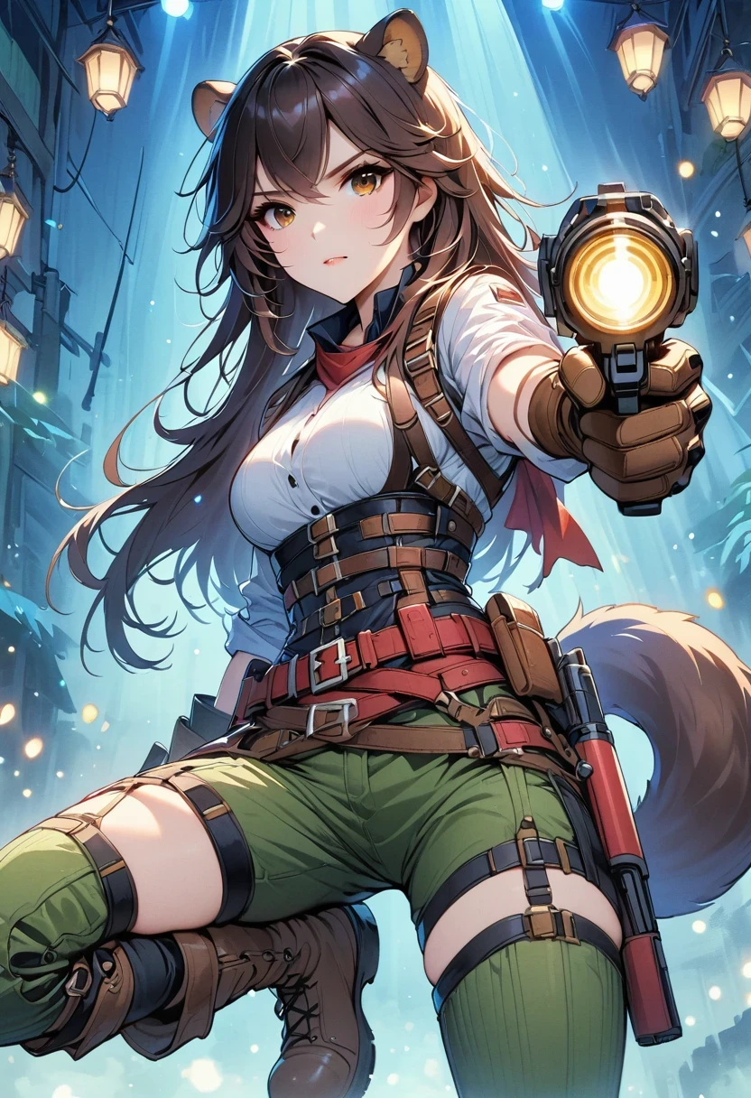 raff, raccoon ears, raccoon girl, Animal ears, long hair, brown hair, raccoon Tail, Tail, Gloves, brown Gloves, belt, boots, Raise your legs high, Absolute opportunity, red belt, masterpiece, best quality, alone, movie lighting, looking at the audience, whole body