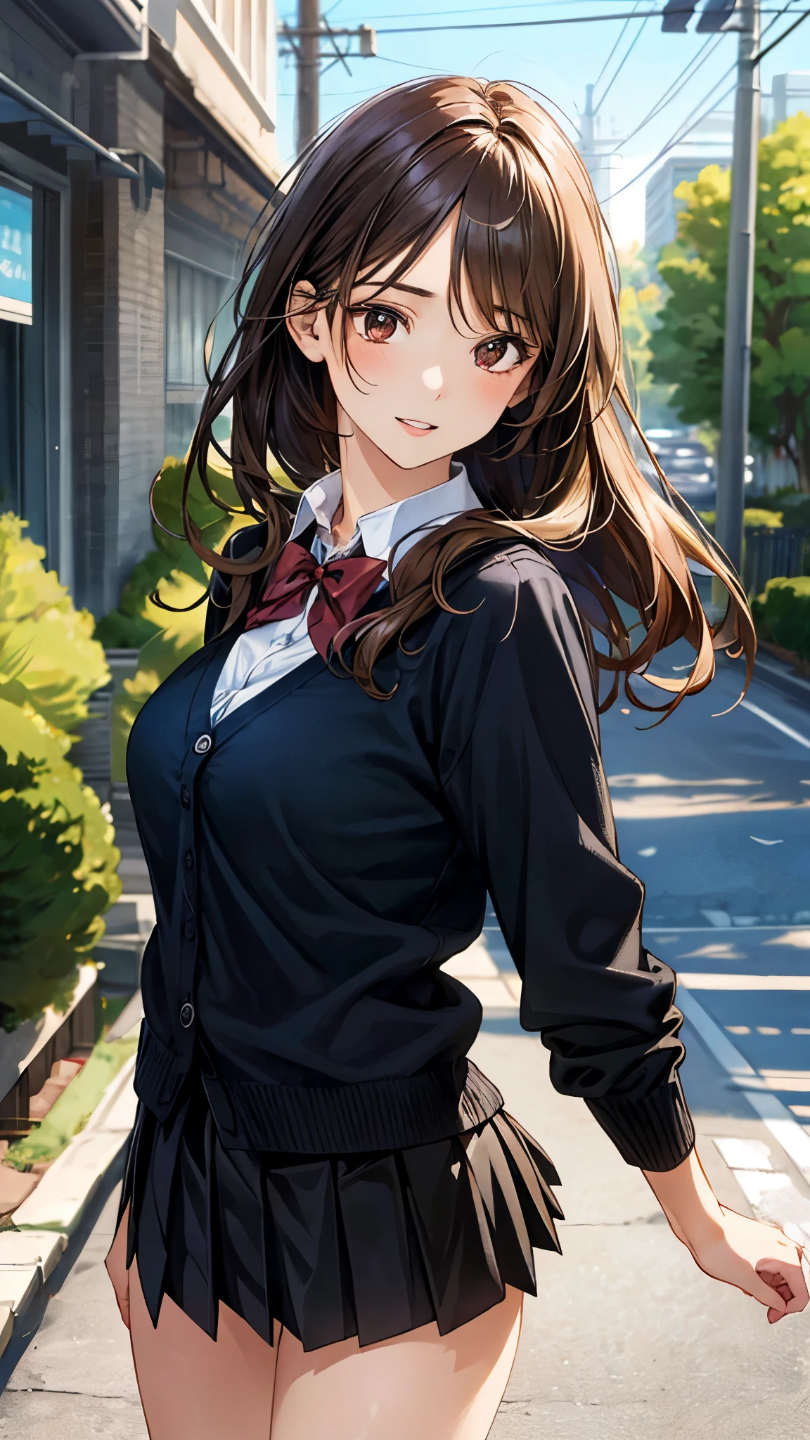 (masterpiece:1.2, top-quality), (realistic, photorealistic:1.4), beautiful illustration, (natural side lighting, movie lighting), , 
looking at viewer, 1 girl, , high school girl, perfect face, cute and symmetrical face, shiny skin, 
(short hair:1.5, natural wave hair:1.5, (very long back hair), light brown hair), crossed bangs, brown eyes, big eyes, slant eyes, long eye lasher, (large breasts, curvy waist, big ass), glamour, 
beautiful hair, beautiful face, beautiful detailed eyes, beautiful clavicle, beautiful body, beautiful chest, beautiful thigh, beautiful legs, beautiful fingers, 
((overly long sleeve black cardigan, white collared shirts, black pleated mini skirt), dark red bow tie), 
(beautiful scenery), morning, (outdoors), walking, (lovely smile, upper eyes, parted lips),