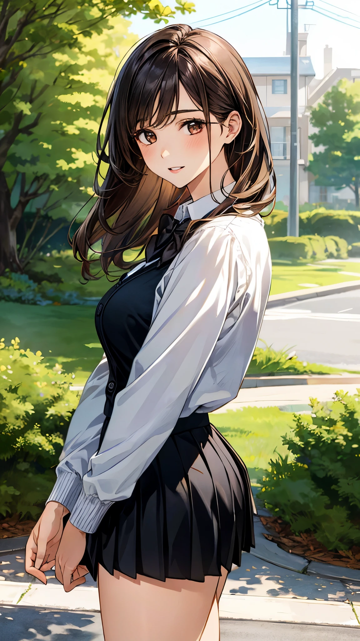(masterpiece:1.2, top-quality), (realistic, photorealistic:1.4), beautiful illustration, (natural side lighting, movie lighting), , 
looking at viewer, 1 girl, , high school girl, perfect face, cute and symmetrical face, shiny skin, 
(short hair:1.5, natural wave hair:1.5, (very long back hair), light brown hair), crossed bangs, brown eyes, big eyes, slant eyes, long eye lasher, (large breasts, curvy waist, big ass), glamour, 
beautiful hair, beautiful face, beautiful detailed eyes, beautiful clavicle, beautiful body, beautiful chest, beautiful thigh, beautiful legs, beautiful fingers, 
((overly long sleeve black cardigan, white collared shirts, black pleated mini skirt), dark red bow tie), 
(beautiful scenery), morning, (outdoors), walking, (lovely smile, upper eyes, parted lips),