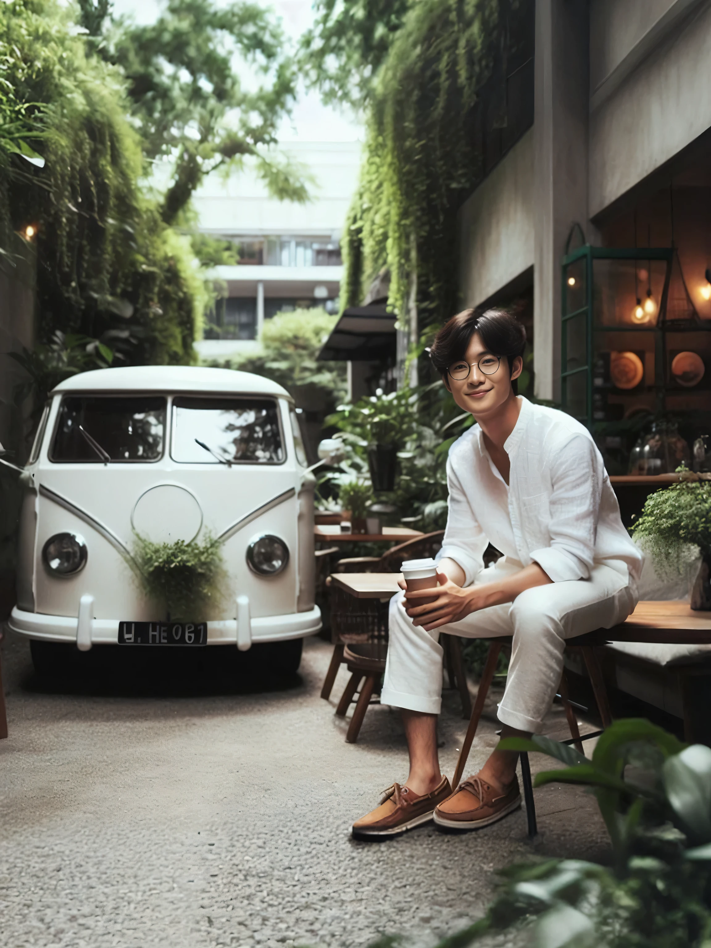 there is a man sitting on a bench in front of a van, sun-hyuk kim, seseon yoon, inspired by Kim Eung-hwan, jinyoung shin, sangsoo jeong, steven jung, inspired by Joong Keun Lee, inspired by jeonseok lee, siwoo kim, taejune kim, mid shot portrait, medium shot portrait, kwak ji young