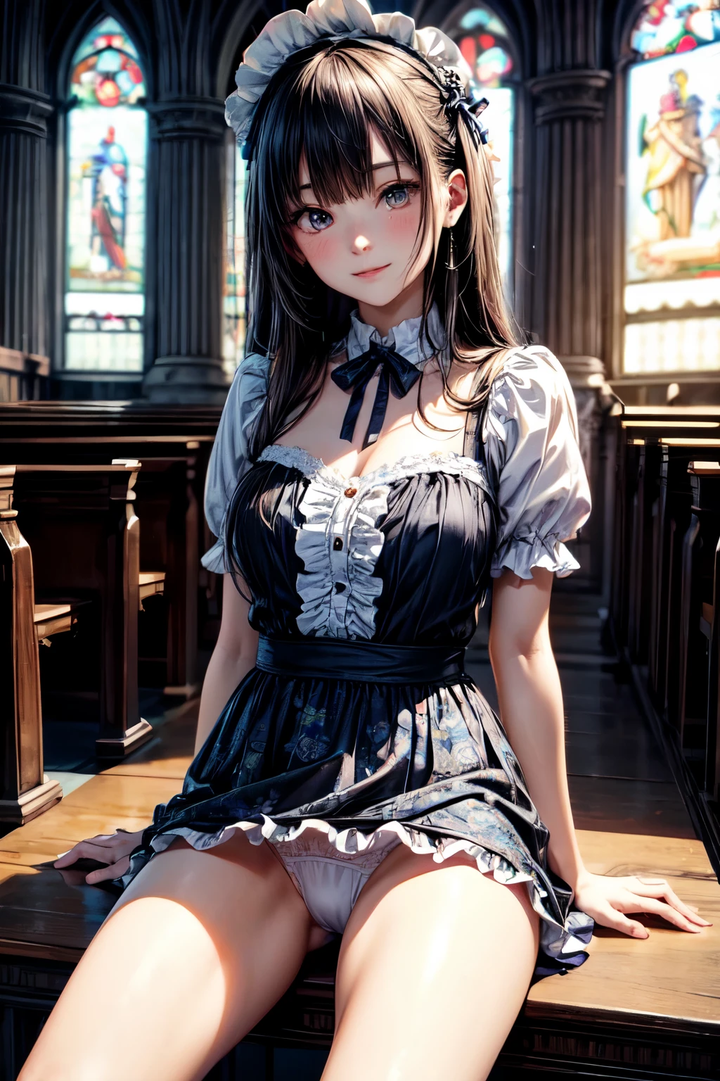 very cute and beautiful girl,(highly detailed beautiful face), (smile),blush,black hair,looking at viewer,(floral pattern blue ta dress with detailed frills),detailed lace, sitting,(spread legs),arms behind back,(white panties), altar,church,indoors, (best quality,masterpiece:1.0),absurdres,highres,ultra-detailed,extremely detailed,32k,8k resolution, intricate details,cinematic scene,detailed background,solo,dynamic angle,
