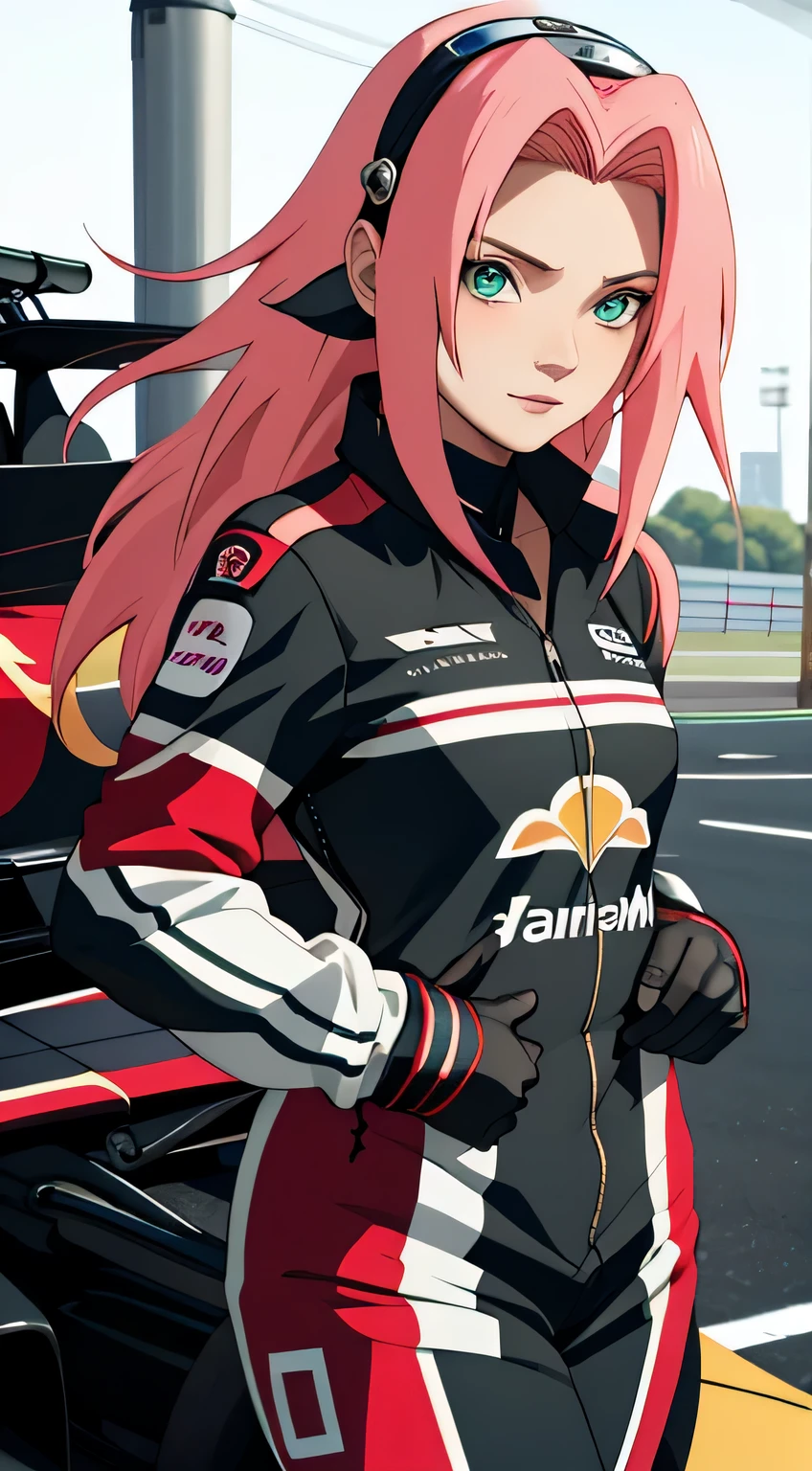 tmasterpiece, Best quality at best, 1girll, Sakura Haruno,Raised sexy,is shy,ssmile,with pink hair, long whitr hair, (Green eyeballs:1.4),blue Forehead protection, Pole Position, standing inside of her race car, anime style, bright colors, dynamic lighting, shiny finish, attention to detail, wearing black gold Lotus f1 suit, in behind black gold lotus kimi raikkonen f1 car, exciting atmosphere, race helmet on the car, vivid expressions